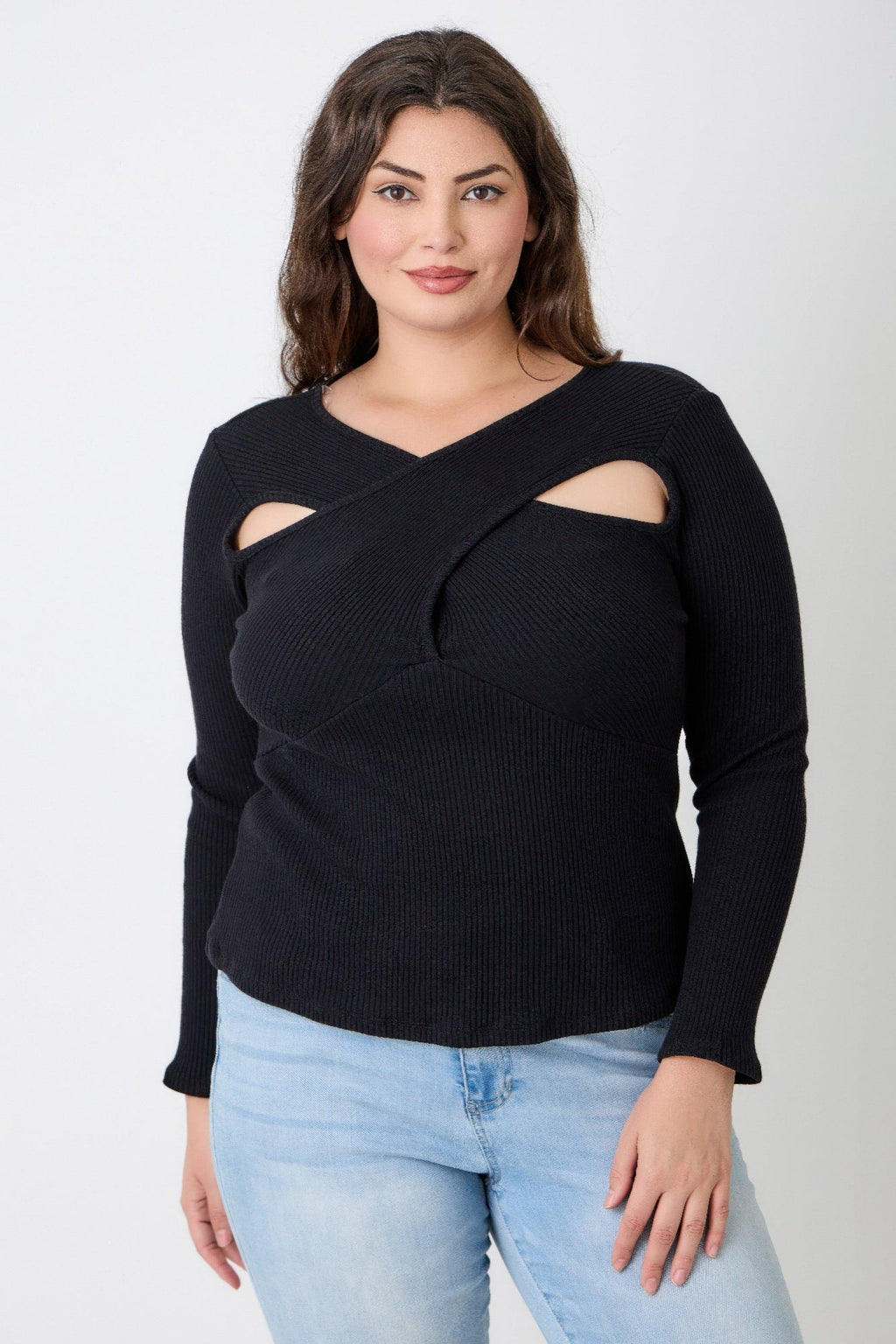 Black ribbed plus size clothiers sweater with stylish cutouts