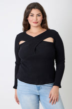 Black ribbed plus size clothiers sweater with stylish cutouts