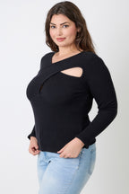 Women's black ribbed sweater with cutout design, casual wear