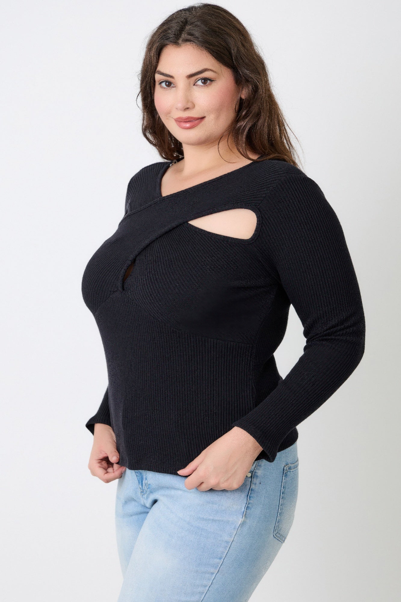 Women's black ribbed sweater with cutout design, casual wear