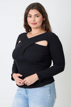 Black ribbed sweater with stylish cutouts for plus size clothiers