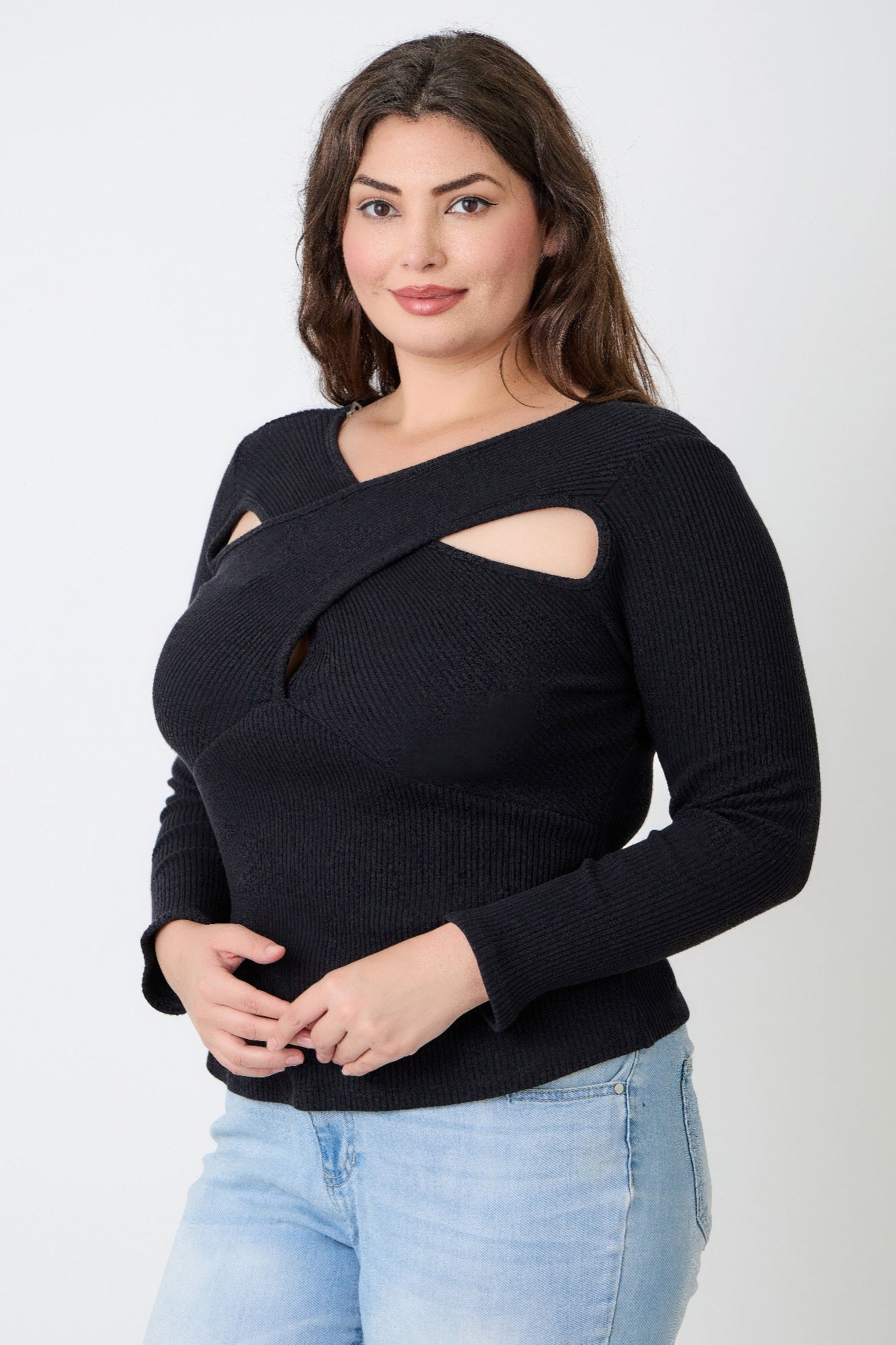Black ribbed sweater with stylish cutouts for plus size clothiers