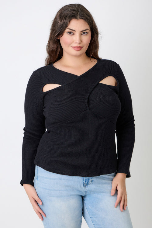 Women's black ribbed sweater with cutout design, plus size clothiers