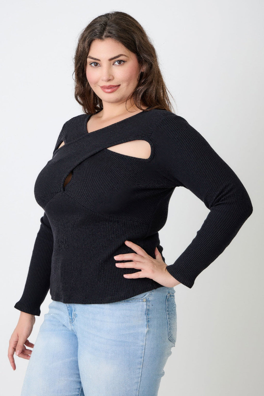Black ribbed sweater for plus size clothiers, stylish cutout design