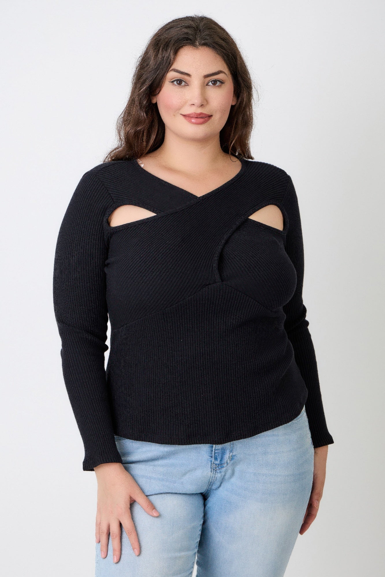 Black plus size clothiers sweater with unique cut-out design