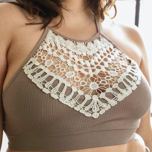 Women's Shirts - Plus Plus Size Crochet Lace High Neck Bralette Top