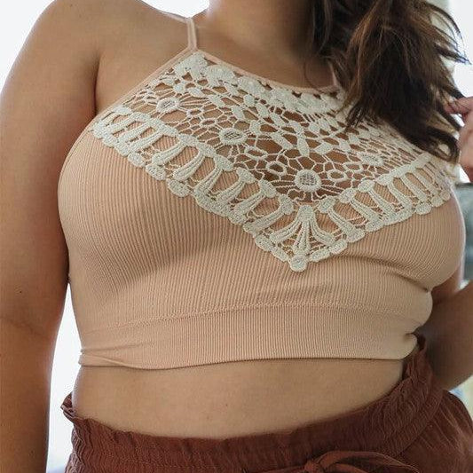 Women's Shirts - Plus Plus Size Crochet Lace High Neck Bralette Top