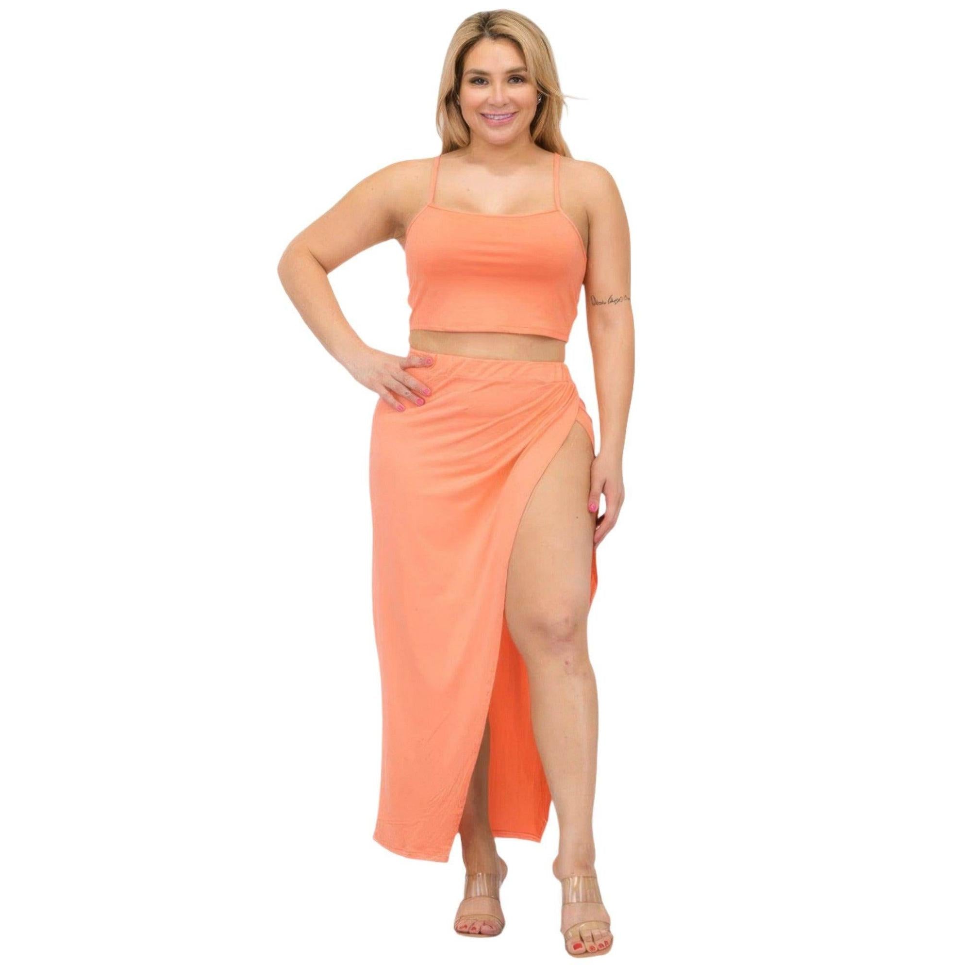 Plus Crop Cami & Split Thigh Maxi Skirt Set - VacationGrabs