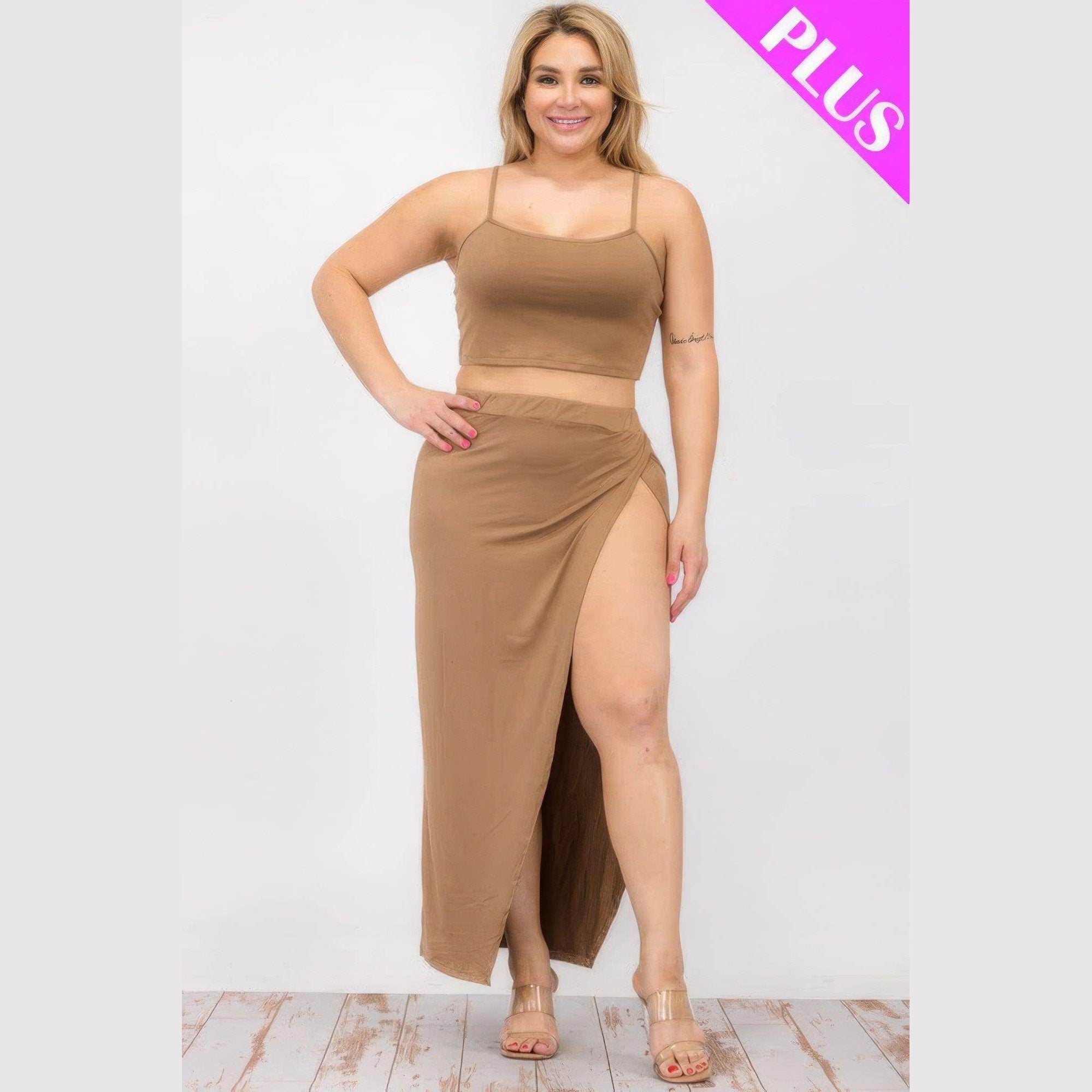 Plus Crop Cami & Split Thigh Maxi Skirt Set - VacationGrabs