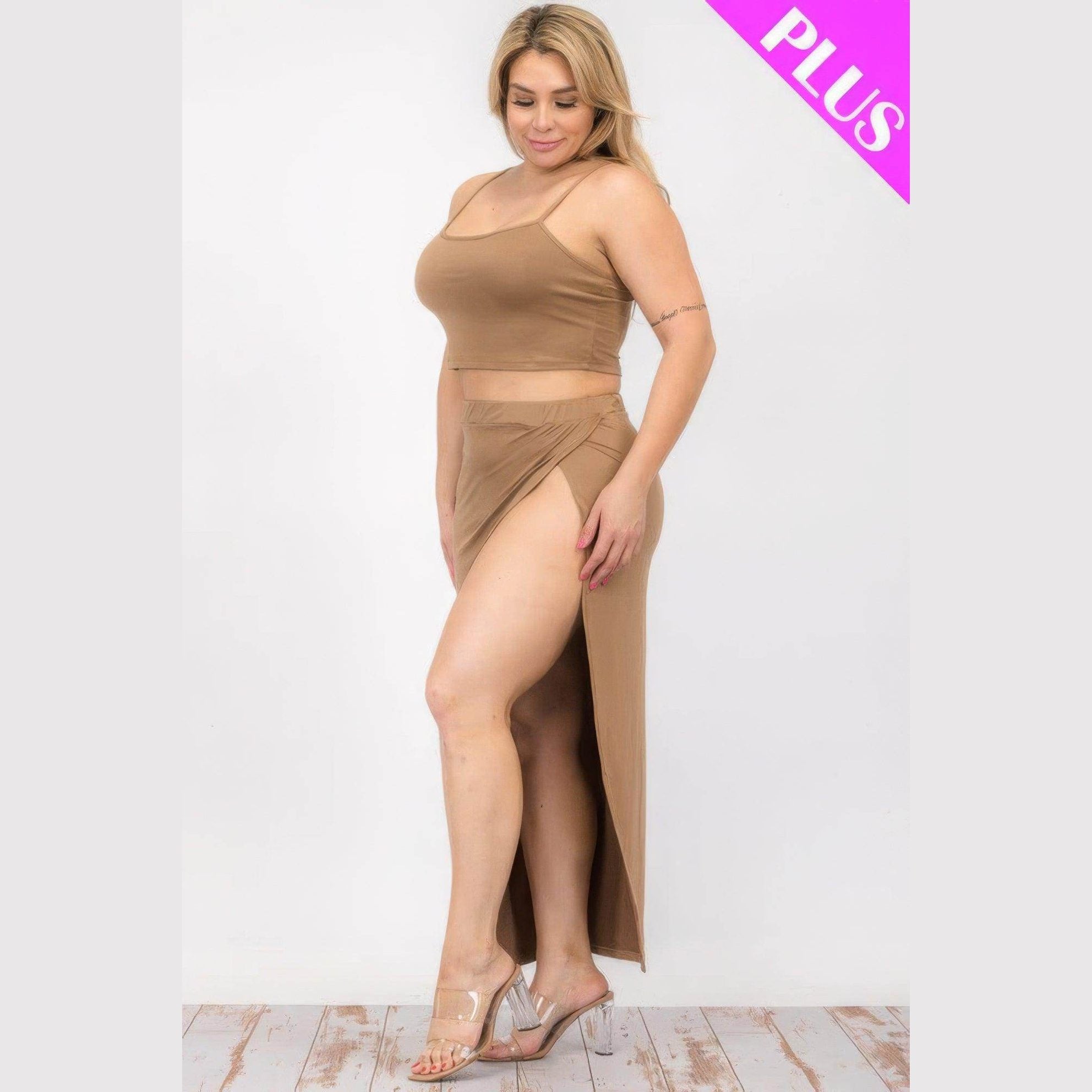 Plus Crop Cami & Split Thigh Maxi Skirt Set - VacationGrabs