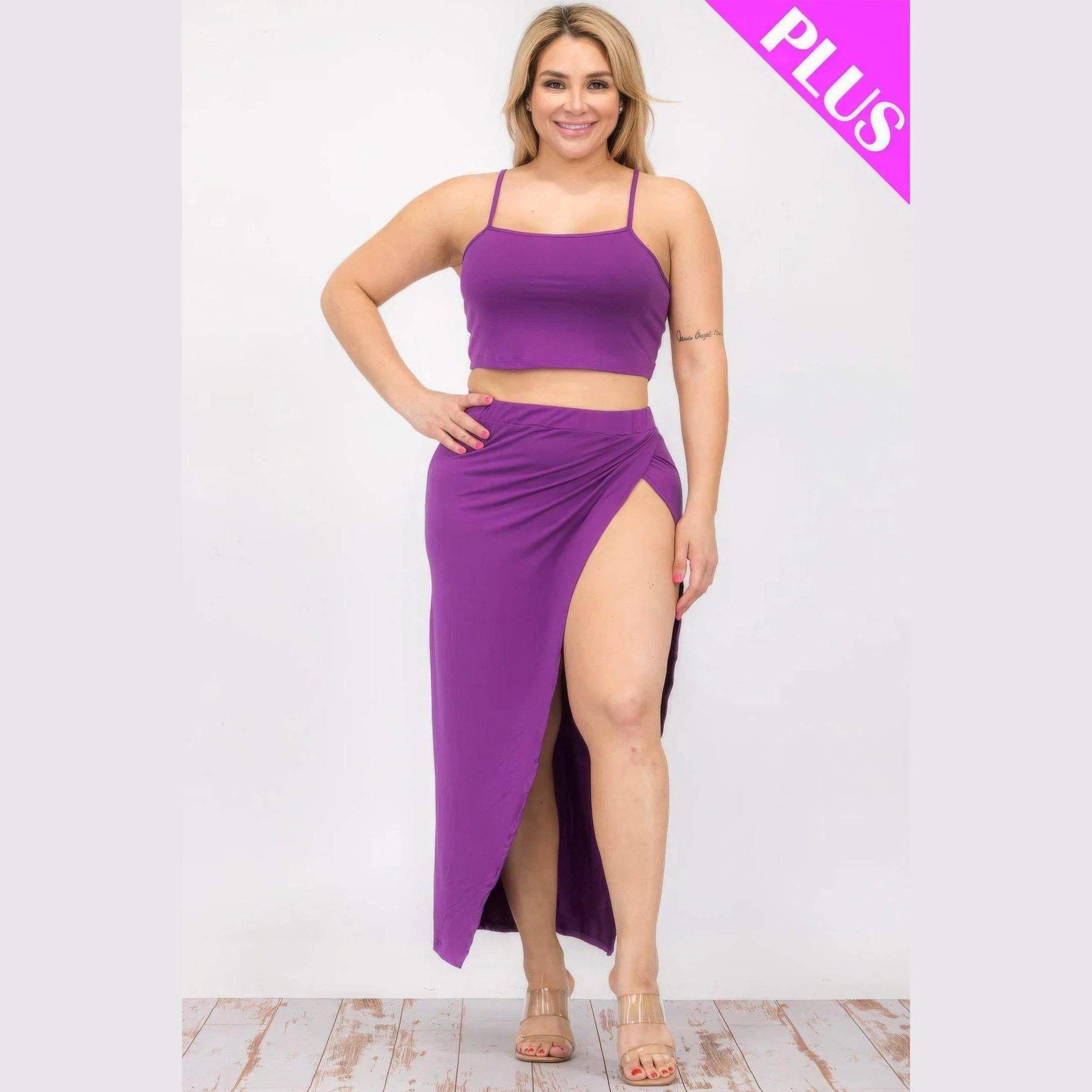 Plus Crop Cami & Split Thigh Maxi Skirt Set - VacationGrabs