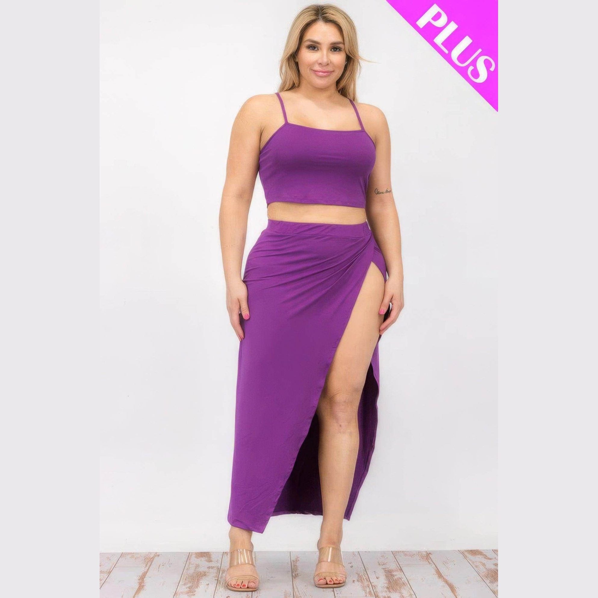 Plus Crop Cami & Split Thigh Maxi Skirt Set - VacationGrabs