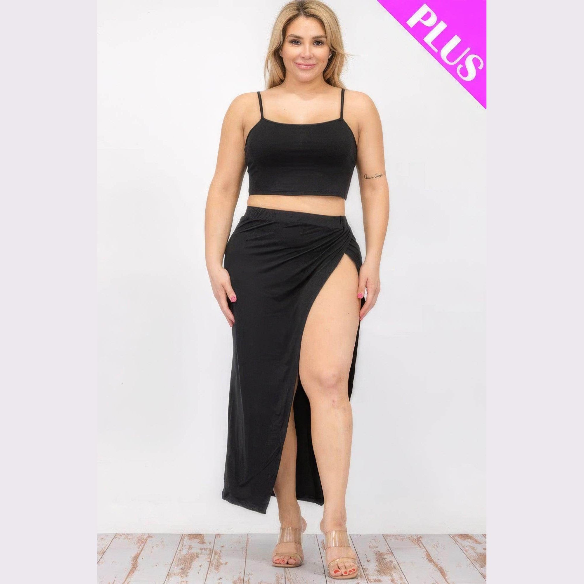 Plus Crop Cami & Split Thigh Maxi Skirt Set - VacationGrabs