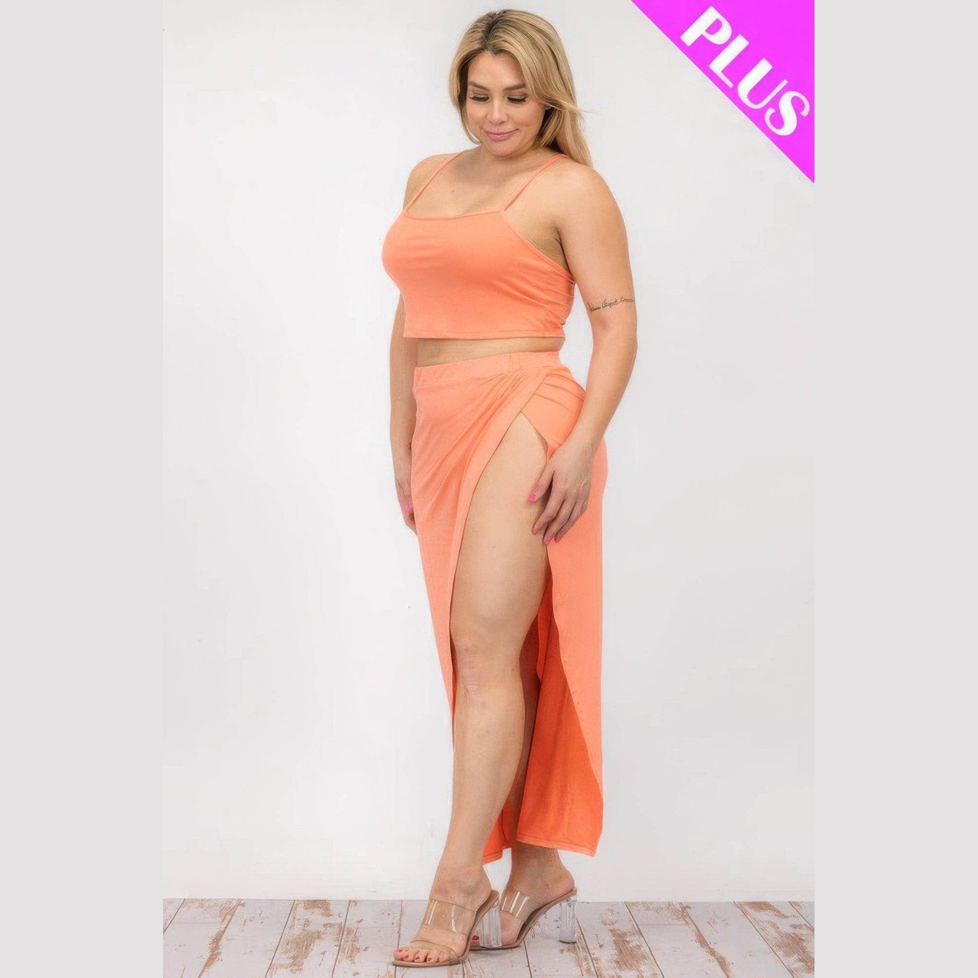 Plus Crop Cami & Split Thigh Maxi Skirt Set - VacationGrabs