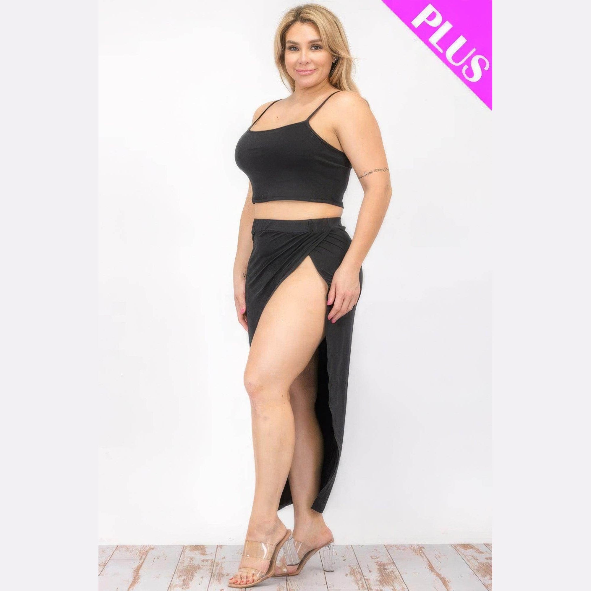 Plus Crop Cami & Split Thigh Maxi Skirt Set - VacationGrabs