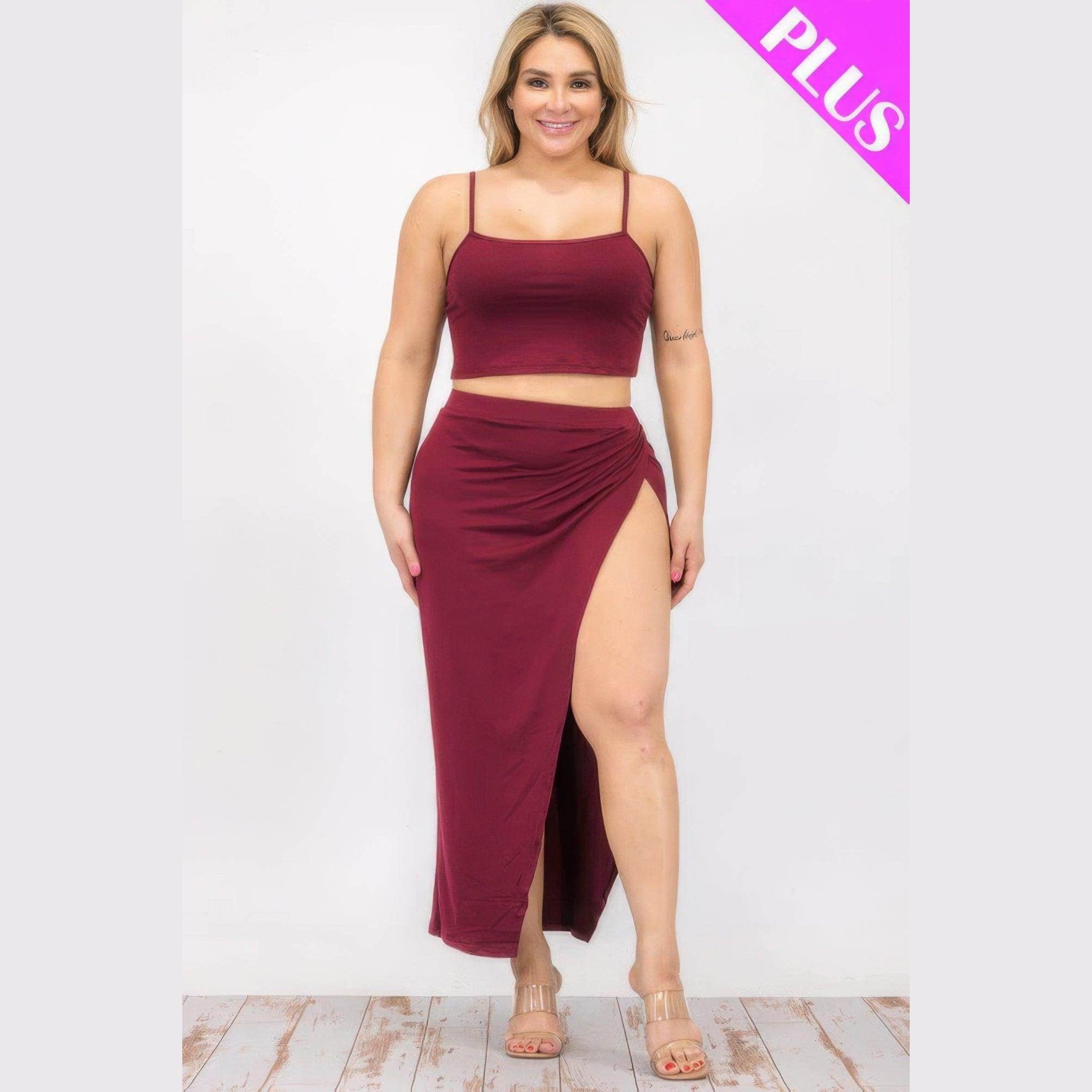 Plus Crop Cami & Split Thigh Maxi Skirt Set - VacationGrabs