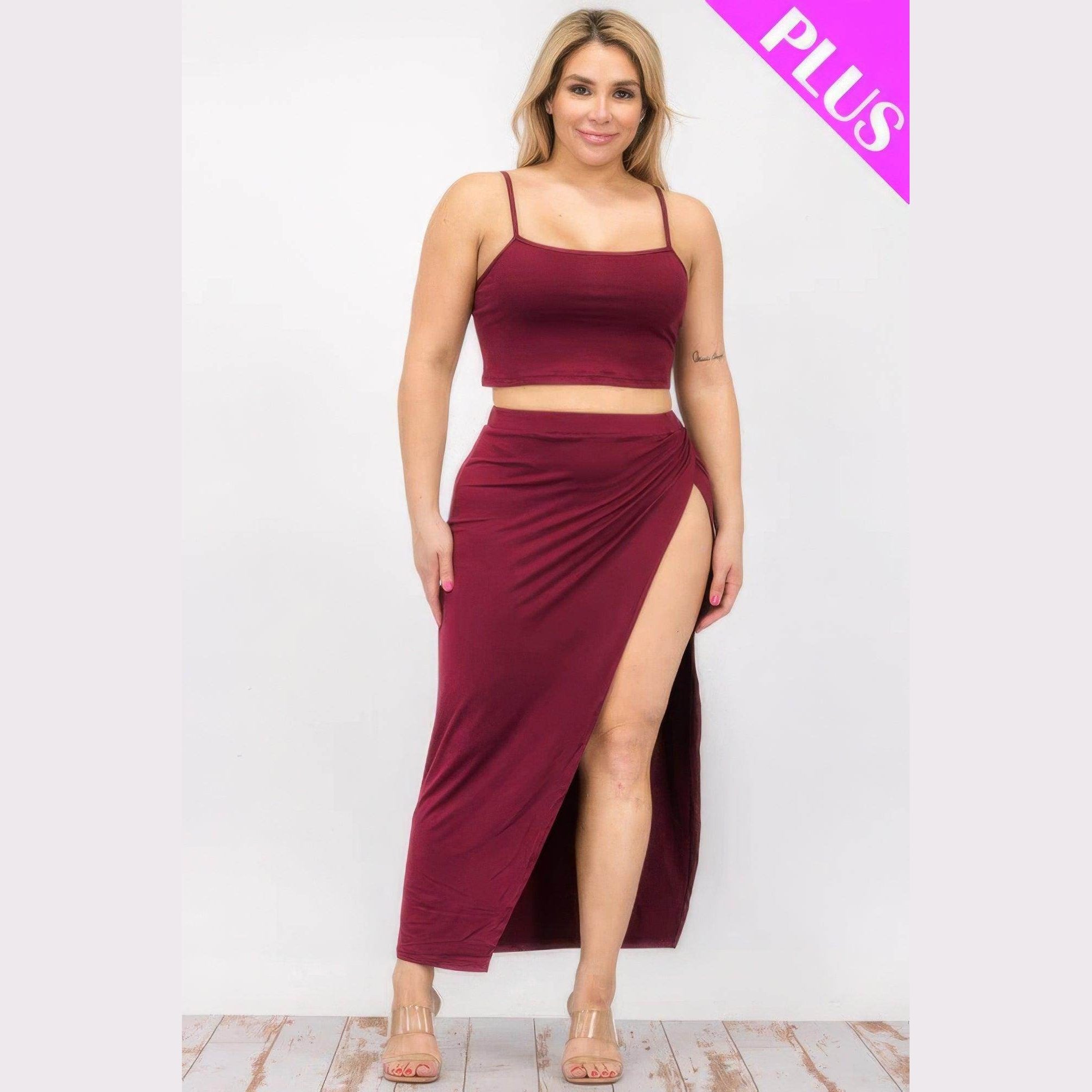 Plus Crop Cami & Split Thigh Maxi Skirt Set - VacationGrabs