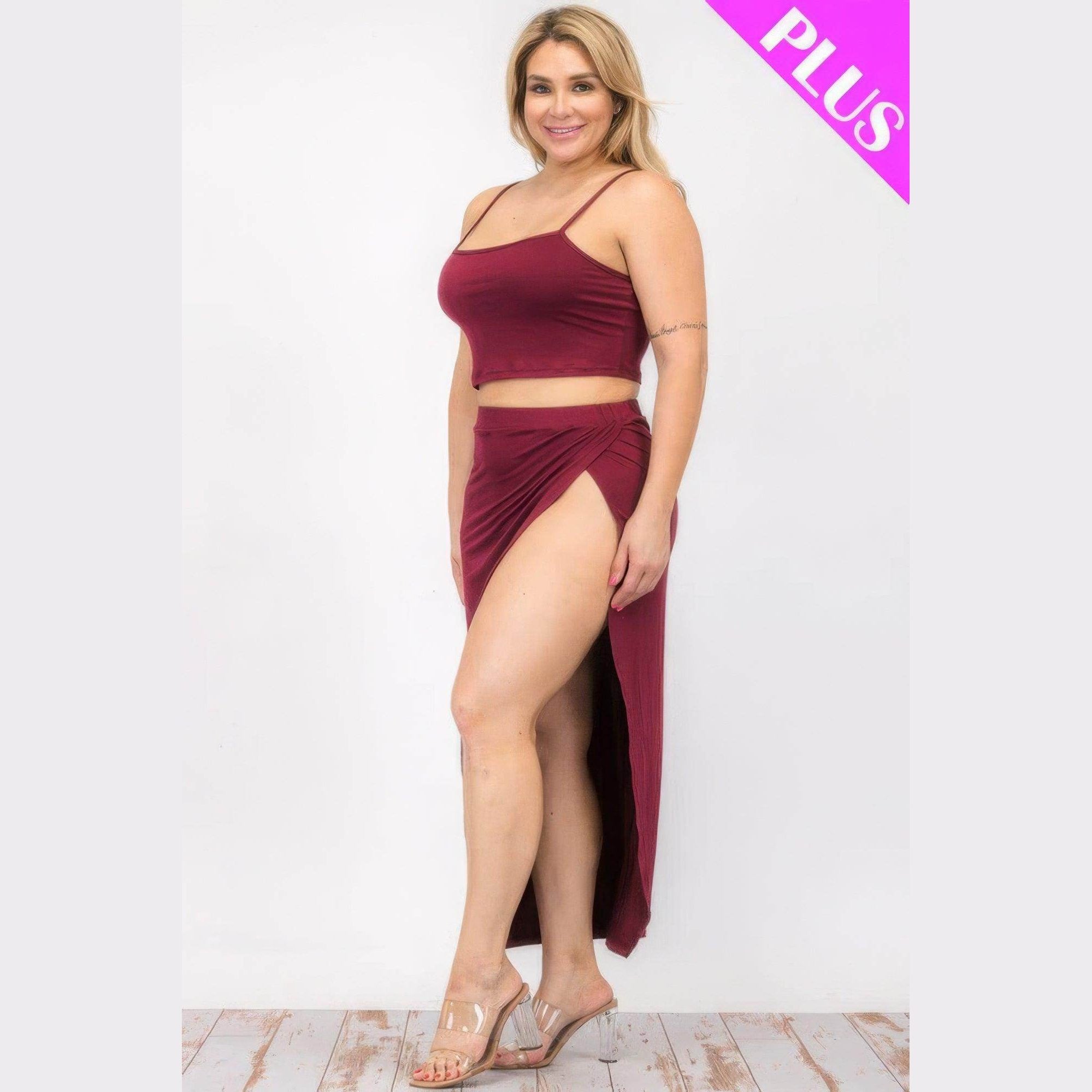 Plus Crop Cami & Split Thigh Maxi Skirt Set - VacationGrabs