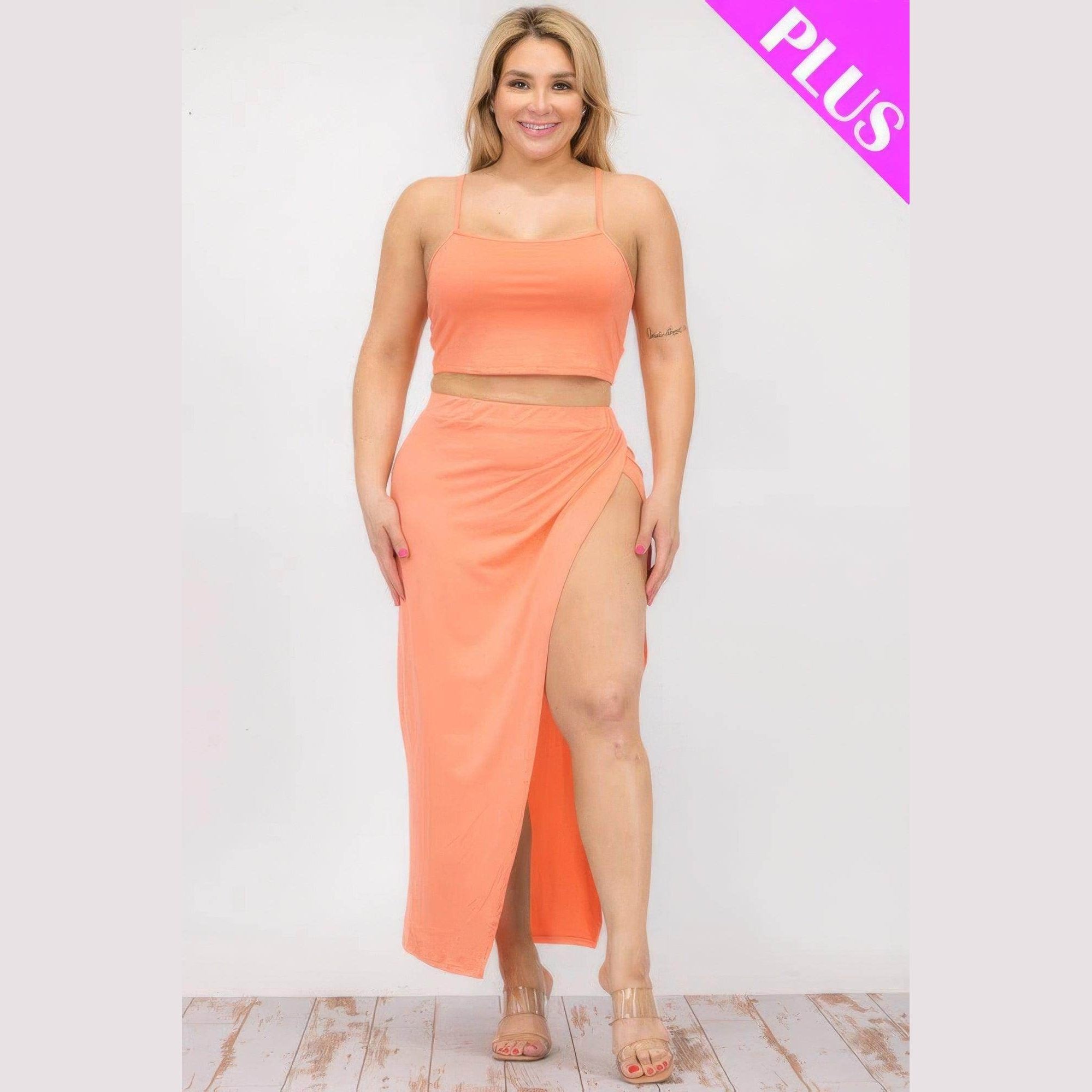 Plus Crop Cami & Split Thigh Maxi Skirt Set - VacationGrabs