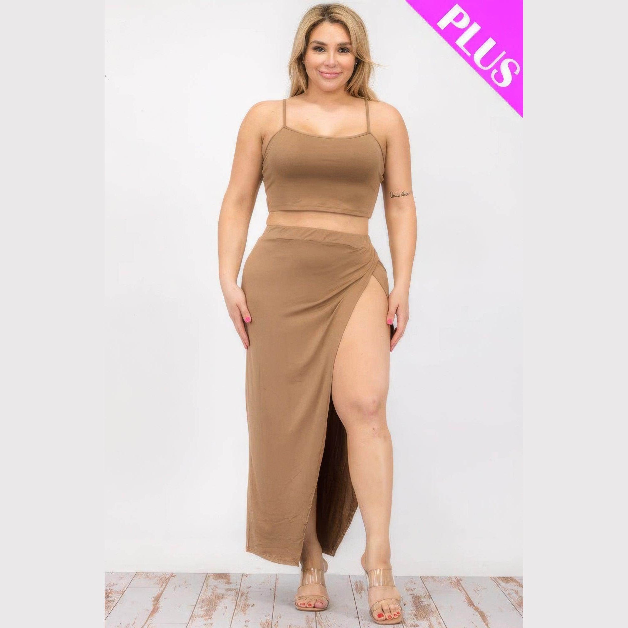Plus Crop Cami & Split Thigh Maxi Skirt Set - VacationGrabs