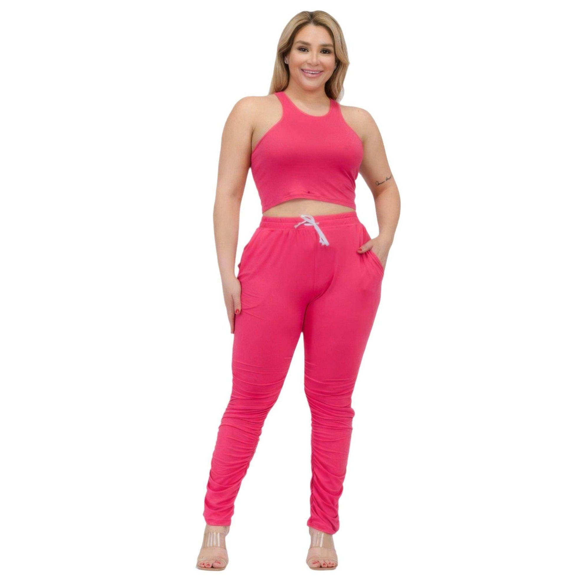 Plus Size Crop Tank Top & Ruched Pants Set - VacationGrabs