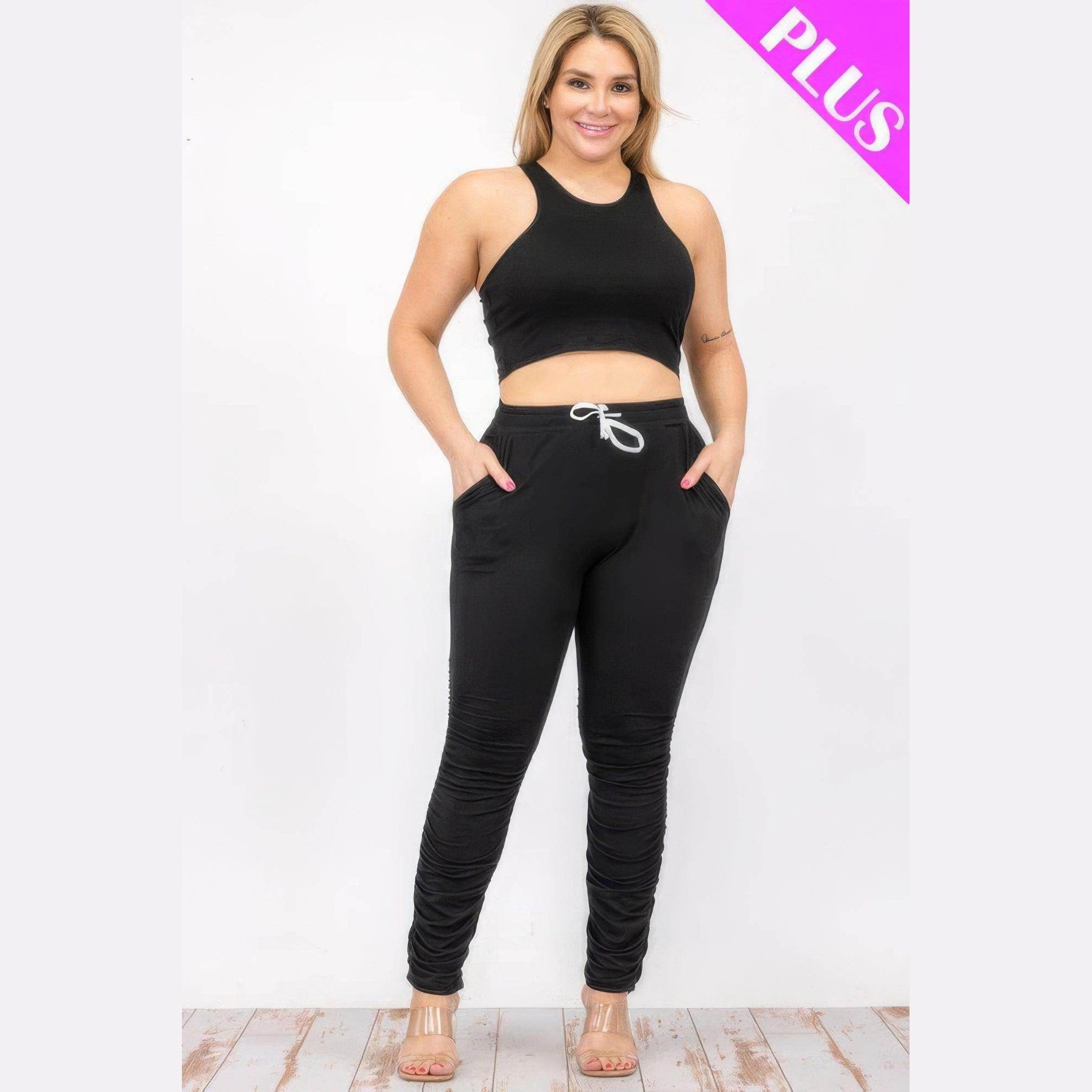 Plus Size Crop Tank Top & Ruched Pants Set - VacationGrabs