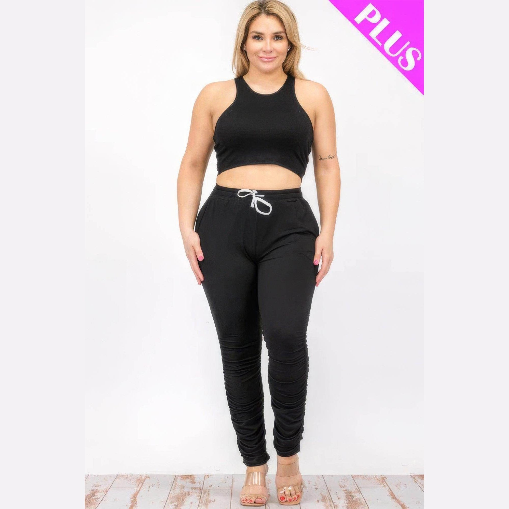 Plus Size Crop Tank Top & Ruched Pants Set - VacationGrabs