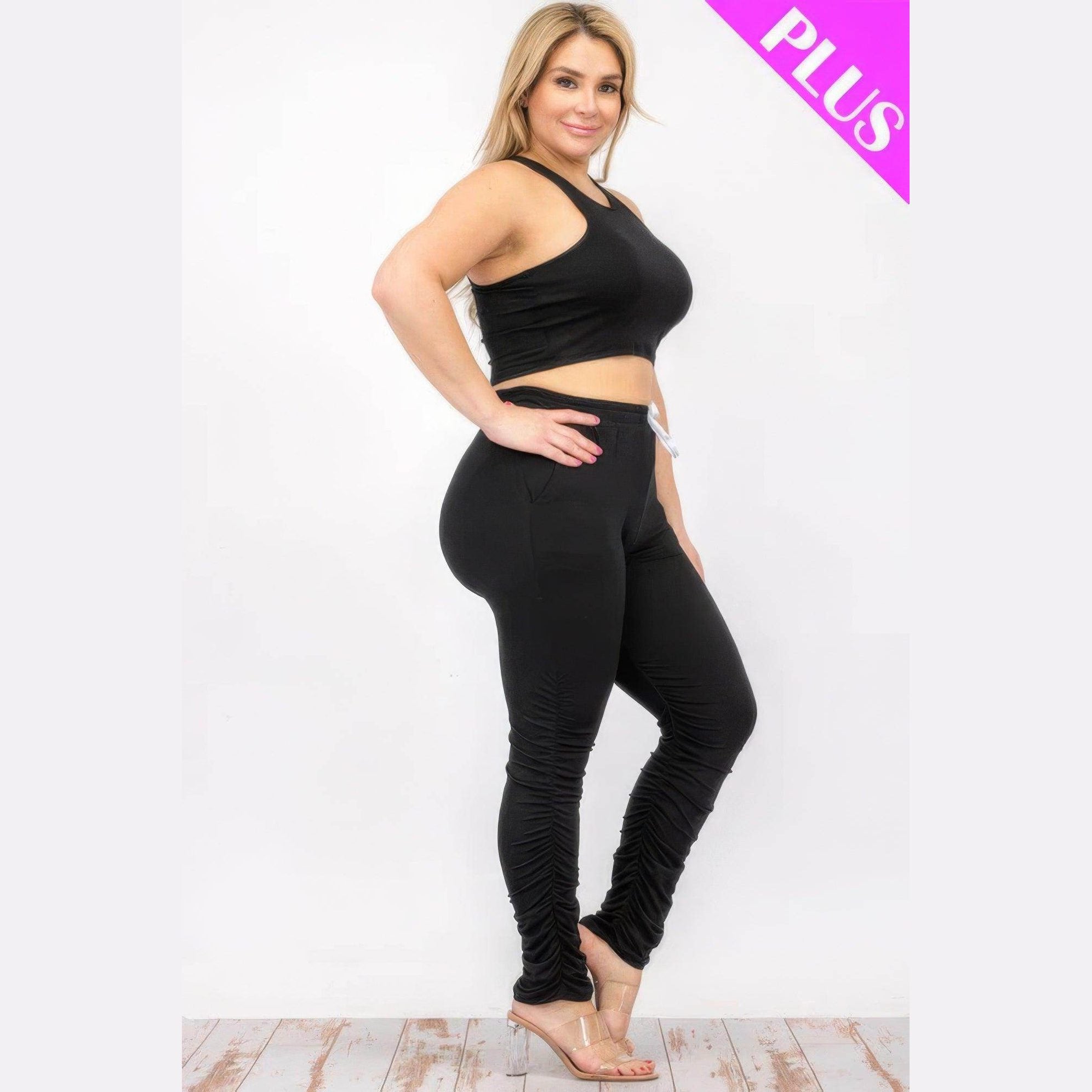 Plus Size Crop Tank Top & Ruched Pants Set - VacationGrabs