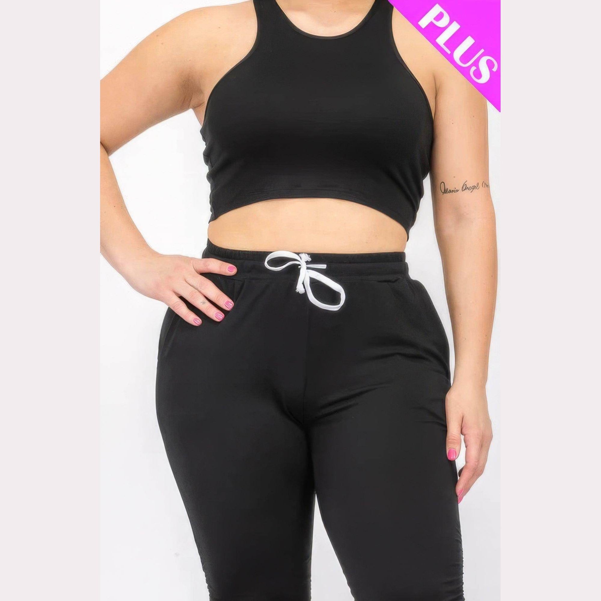 Plus Size Crop Tank Top & Ruched Pants Set - VacationGrabs