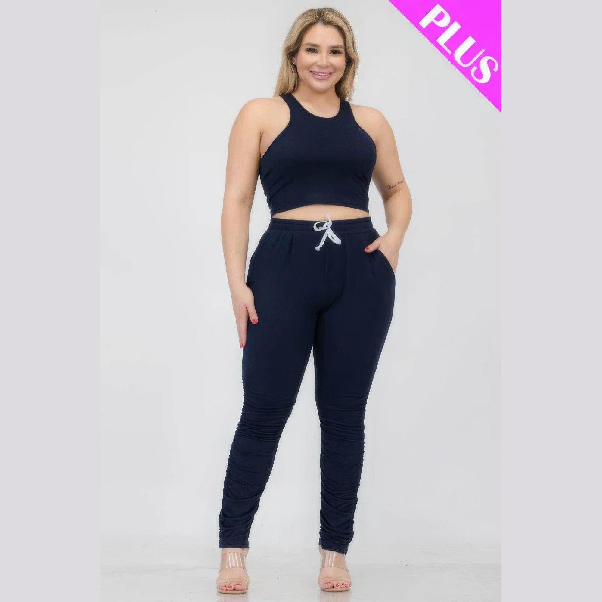 Plus Size Crop Tank Top & Ruched Pants Set - VacationGrabs