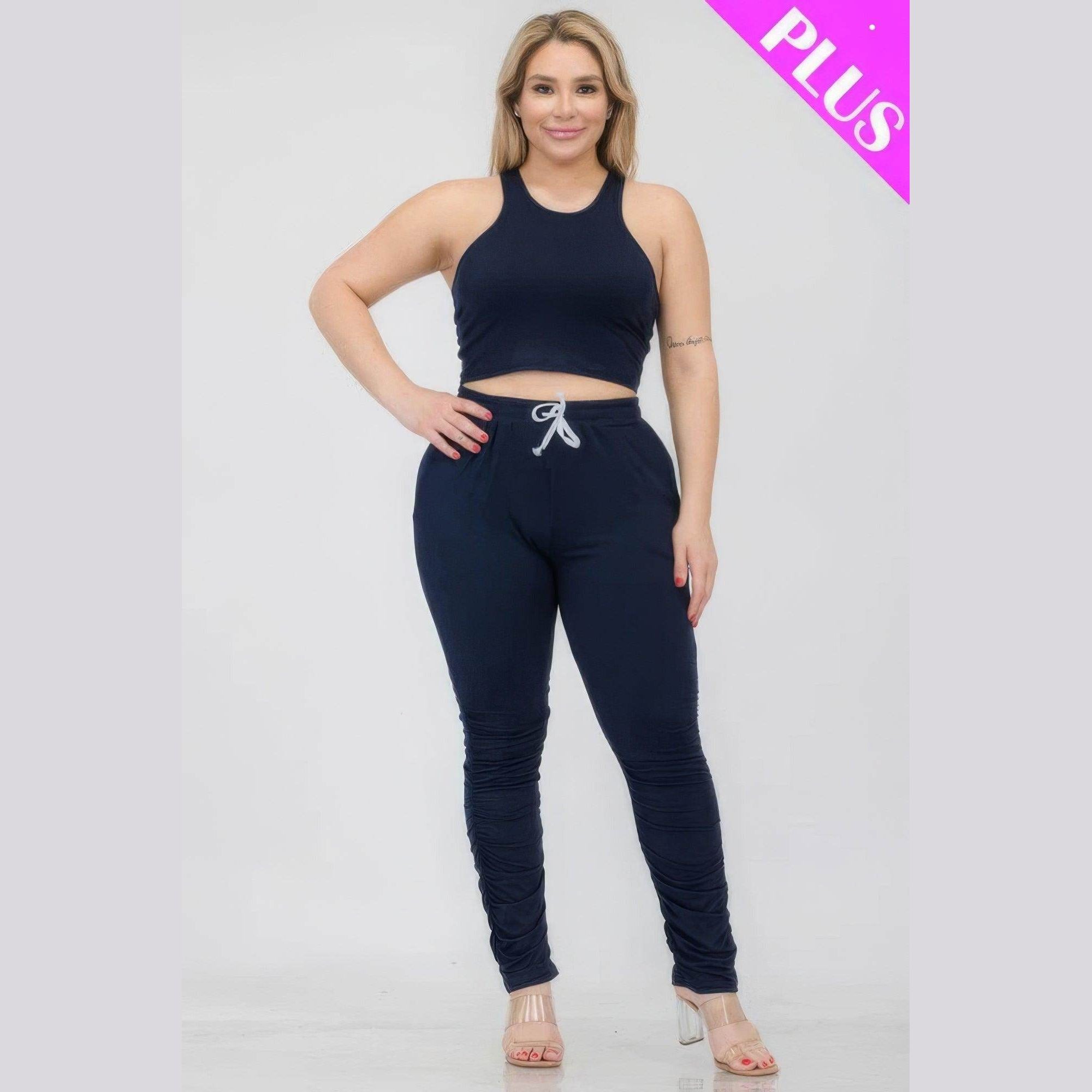 Plus Size Crop Tank Top & Ruched Pants Set - VacationGrabs
