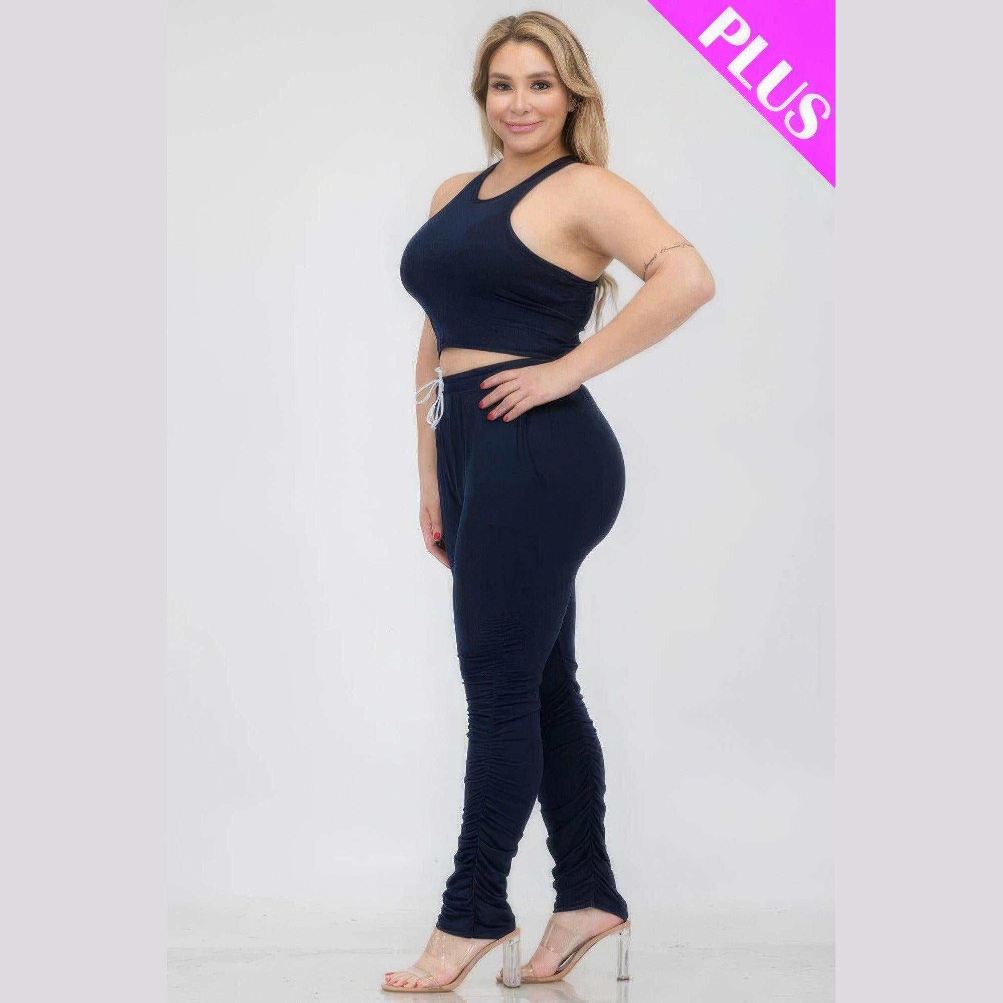 Plus Size Crop Tank Top & Ruched Pants Set - VacationGrabs
