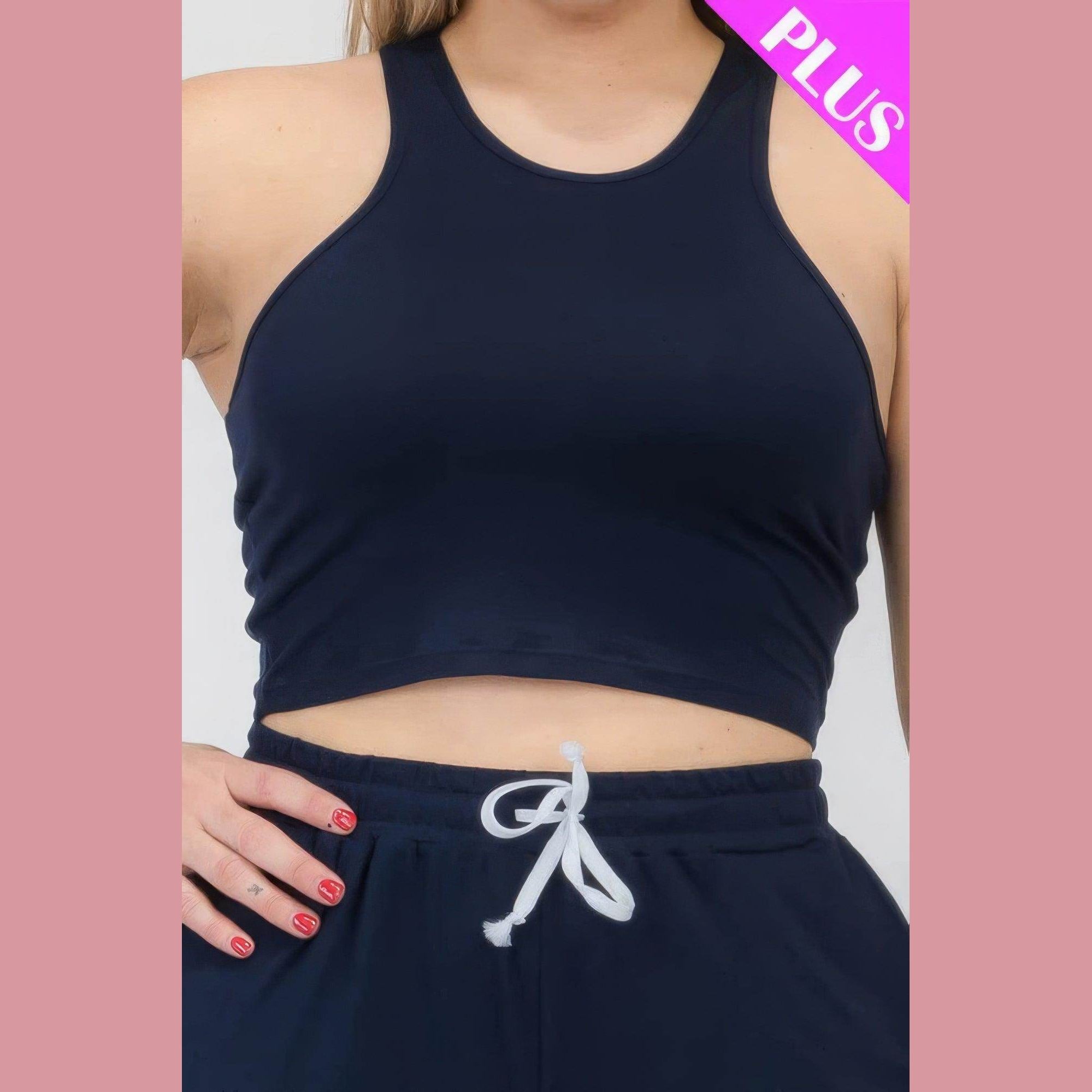Plus Size Crop Tank Top & Ruched Pants Set - VacationGrabs
