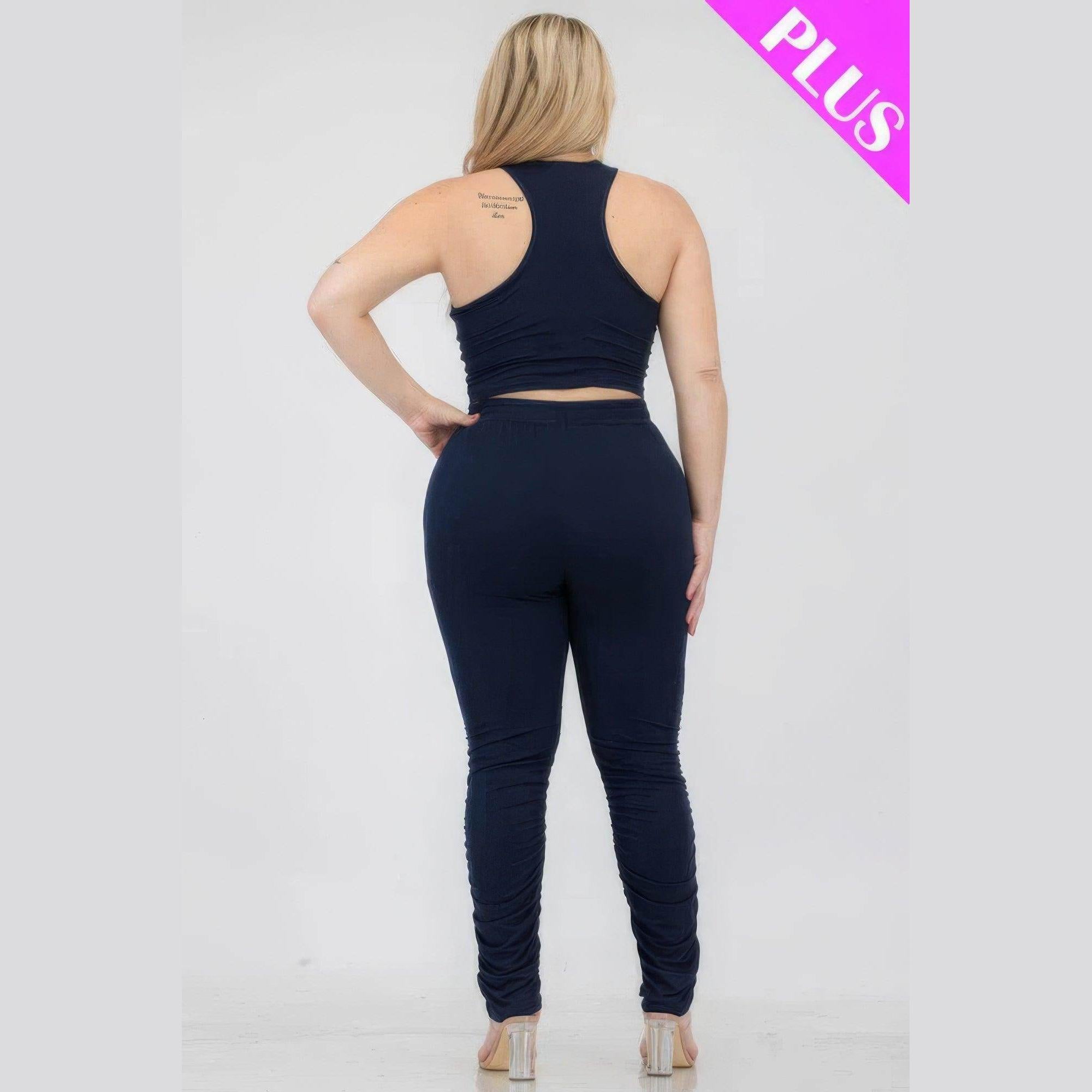 Plus Size Crop Tank Top & Ruched Pants Set - VacationGrabs