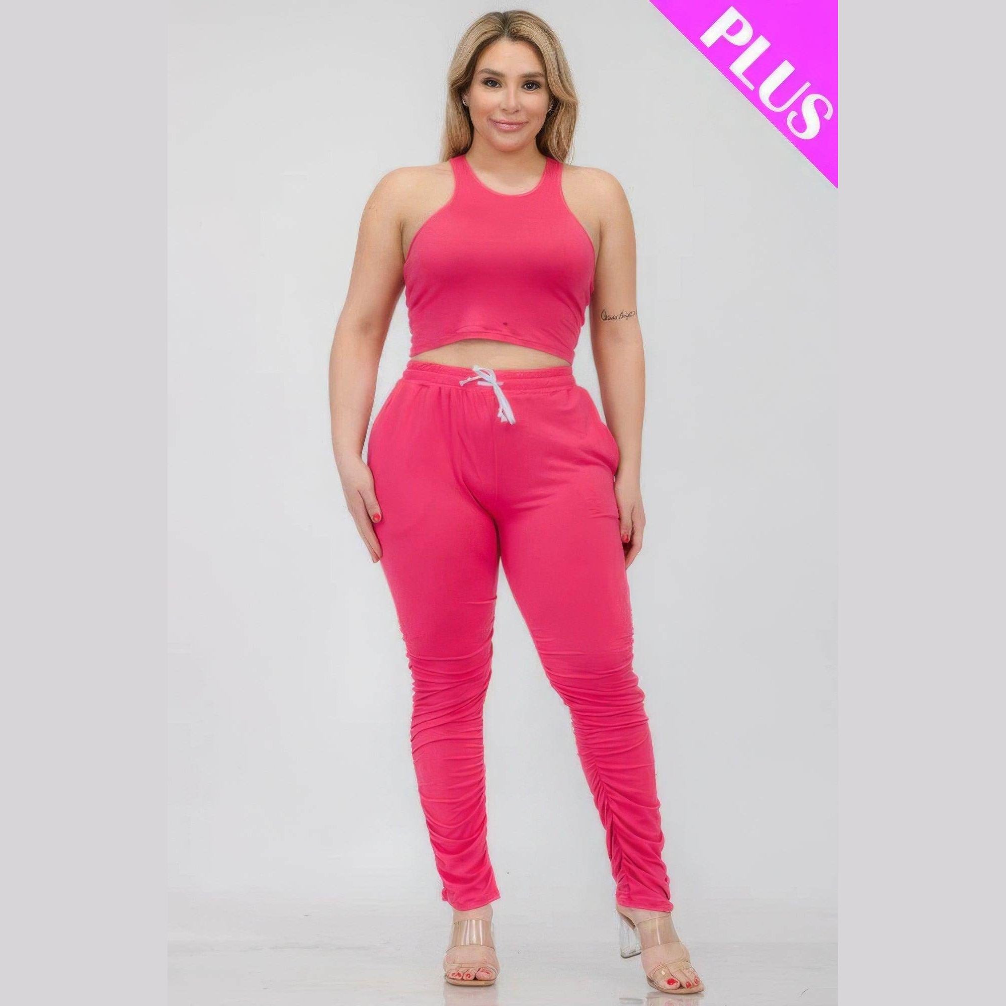 Plus Size Crop Tank Top & Ruched Pants Set - VacationGrabs