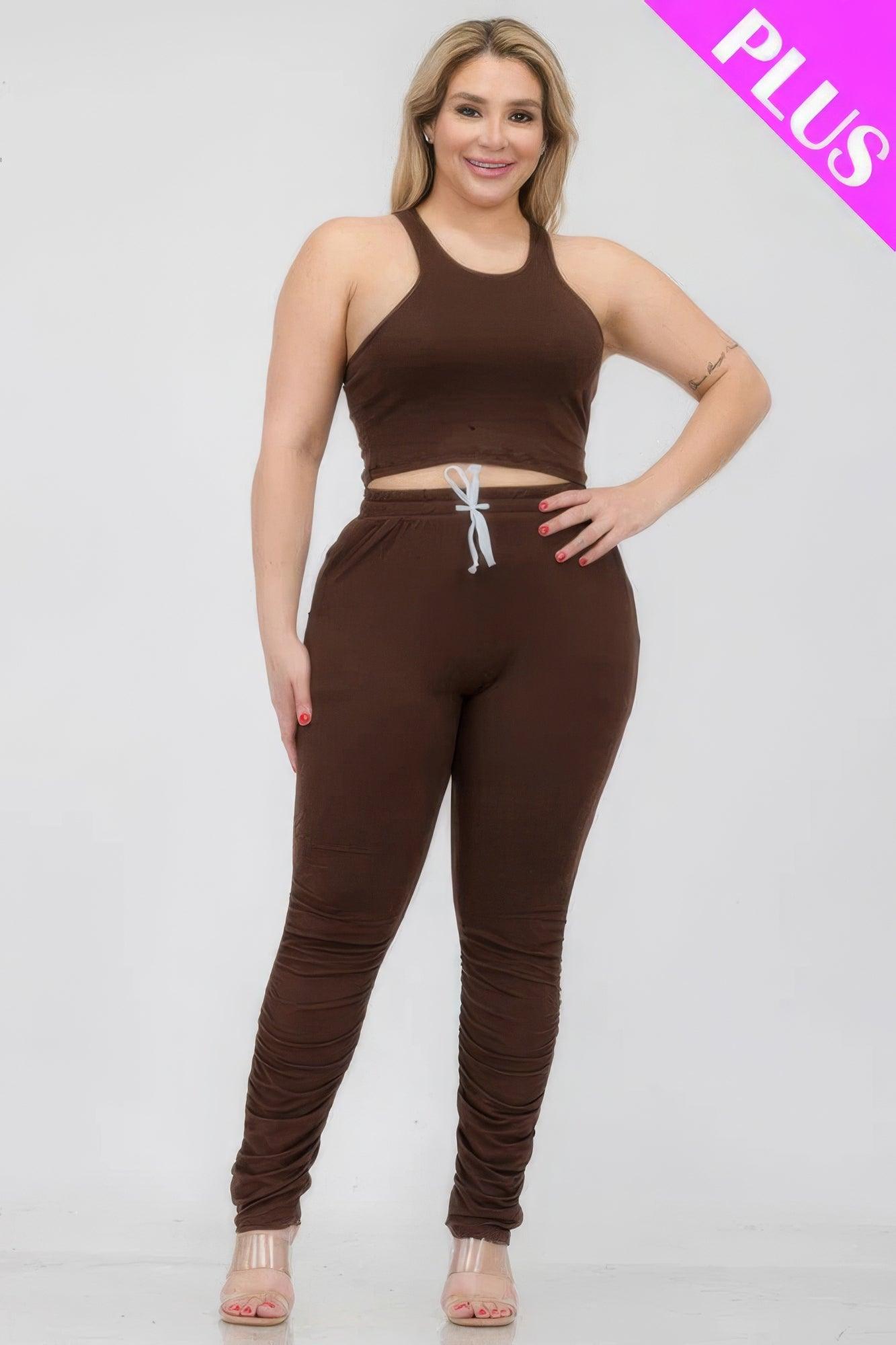 Women's Activewear Plus Size Crop Tank Top & Ruched Pants Set