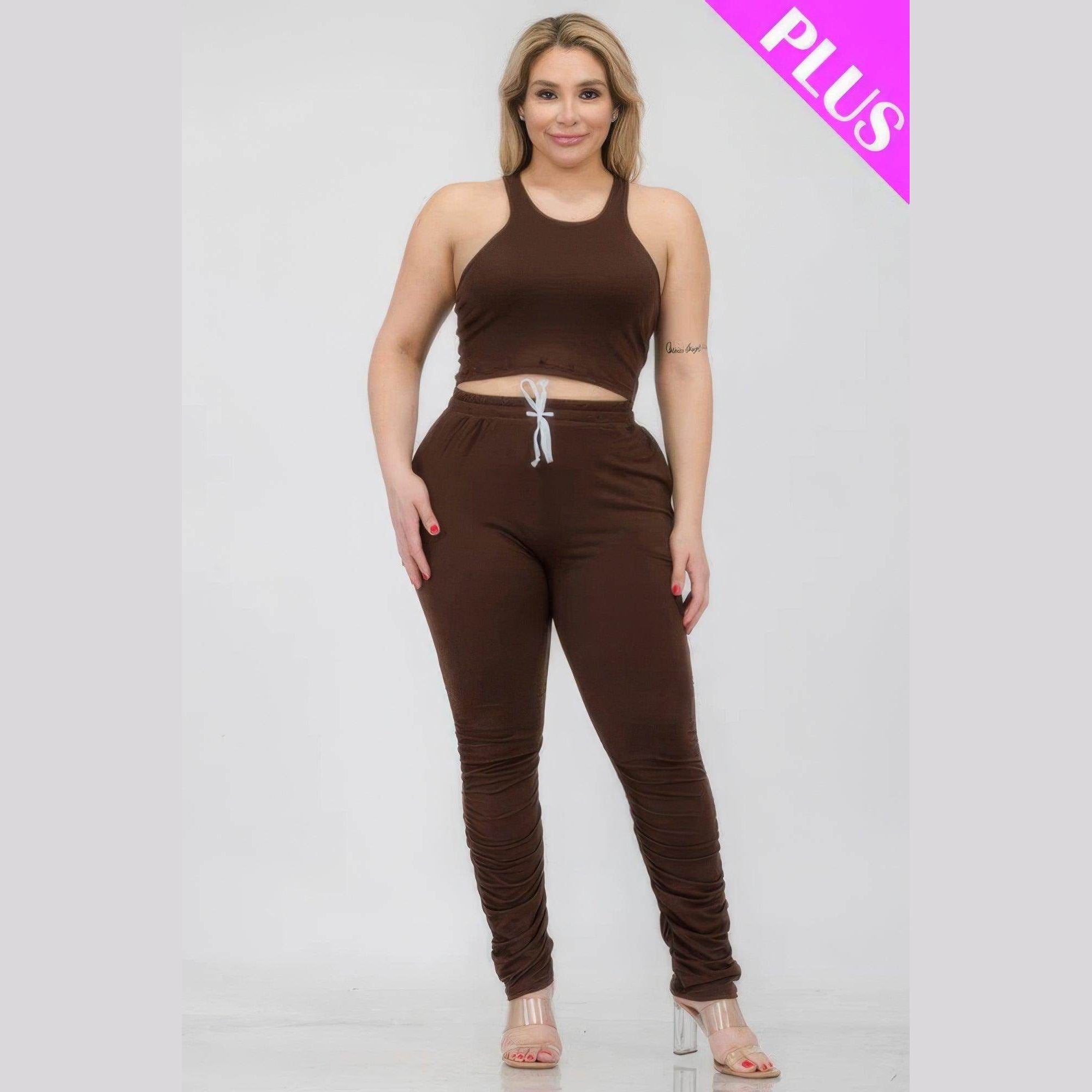 Plus Size Crop Tank Top & Ruched Pants Set - VacationGrabs