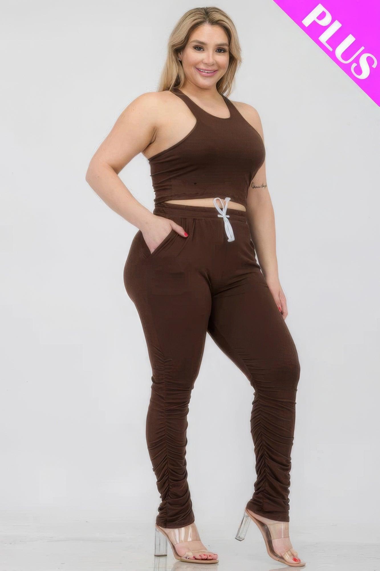 Women's Activewear Plus Size Crop Tank Top & Ruched Pants Set