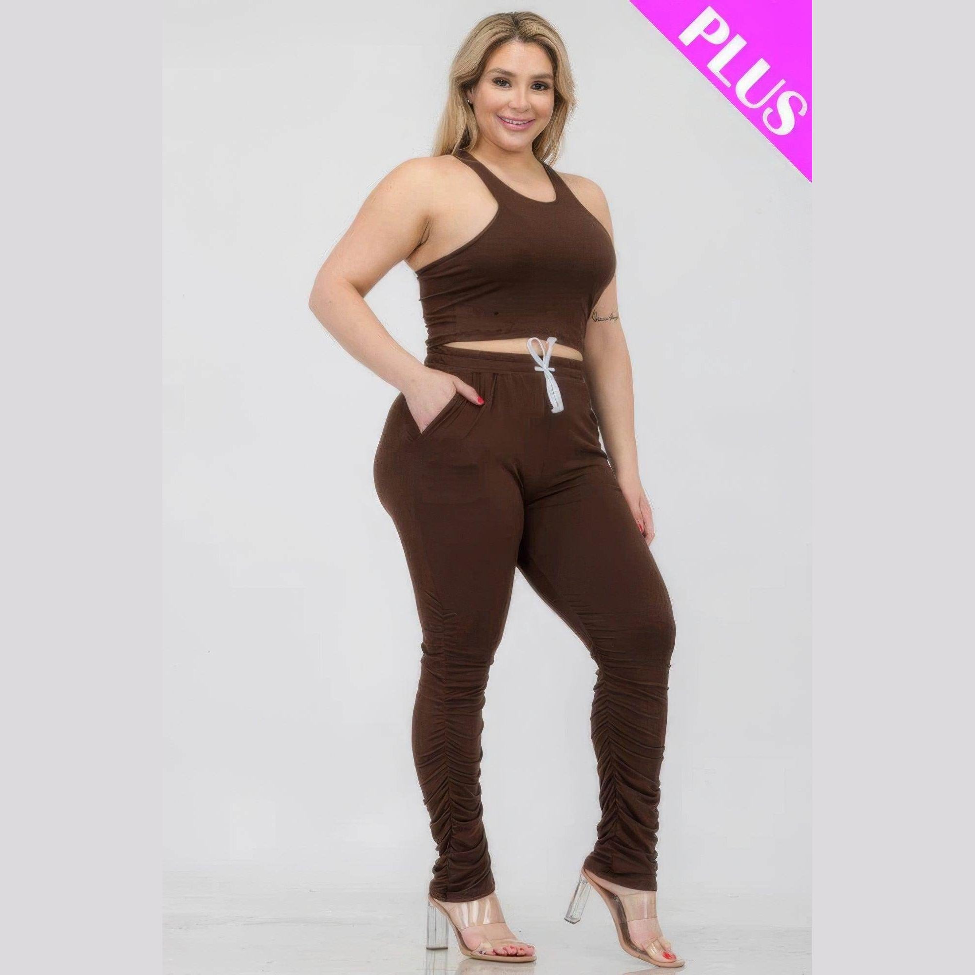 Plus Size Crop Tank Top & Ruched Pants Set - VacationGrabs