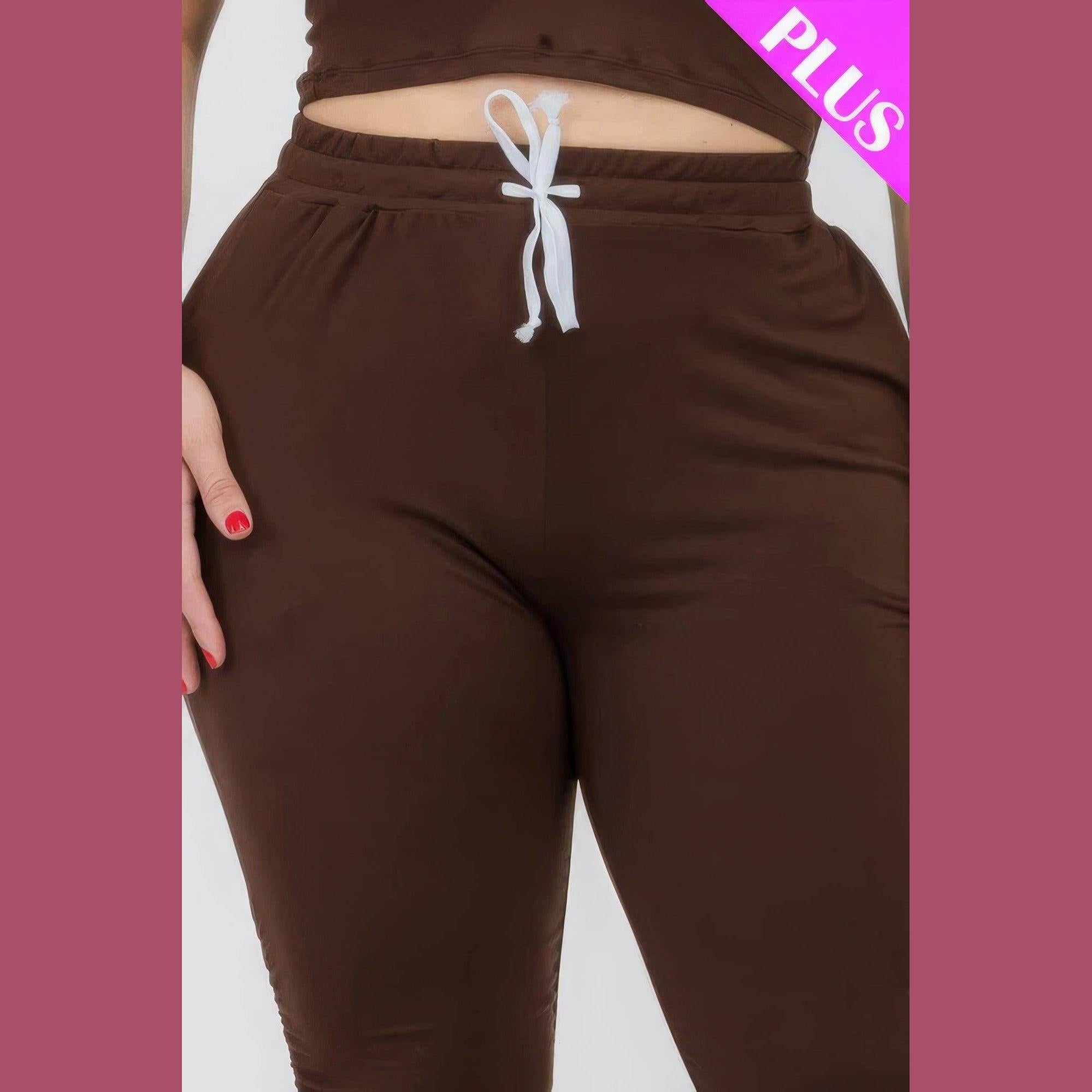 Plus Size Crop Tank Top & Ruched Pants Set - VacationGrabs