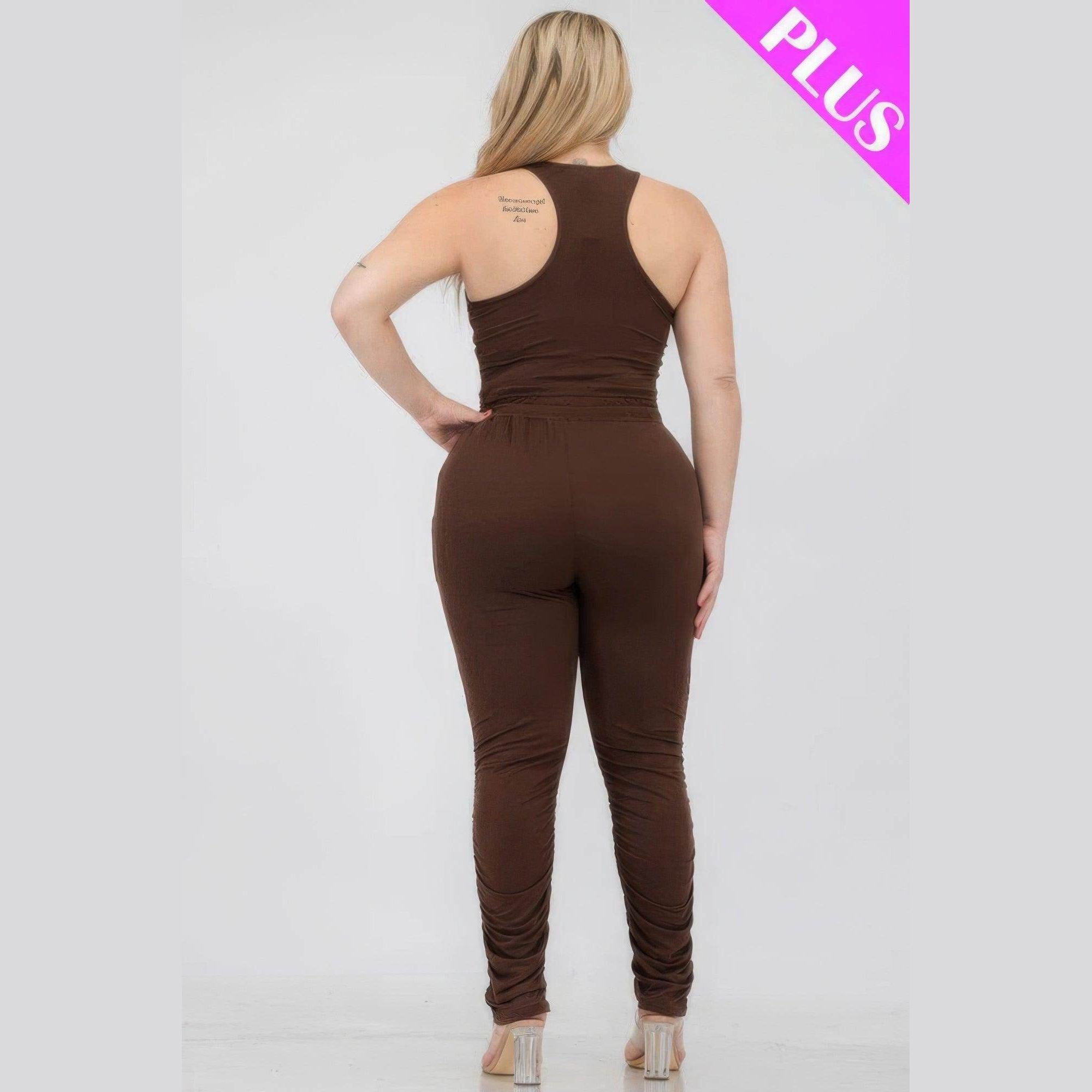 Plus Size Crop Tank Top & Ruched Pants Set - VacationGrabs
