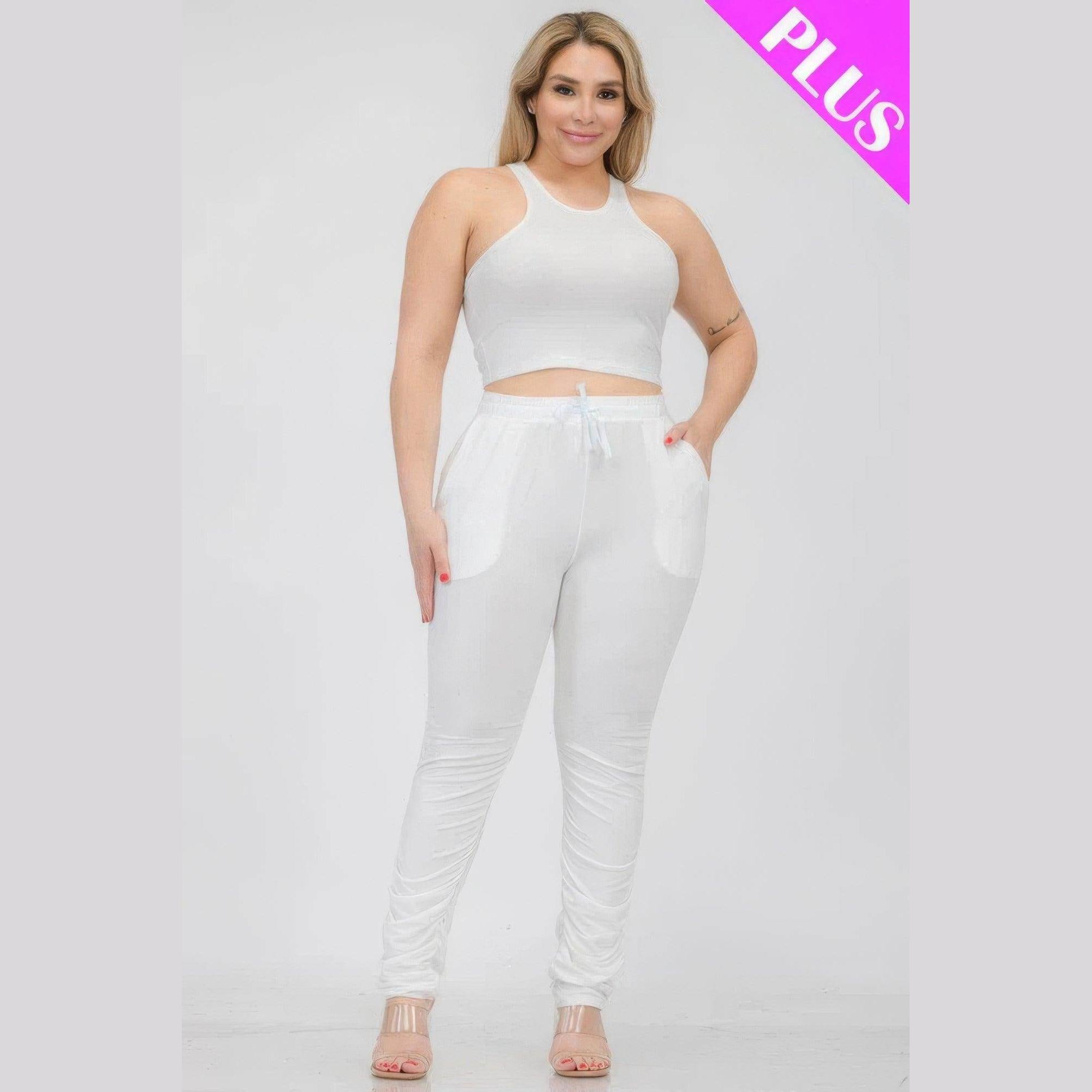 Plus Size Crop Tank Top & Ruched Pants Set - VacationGrabs