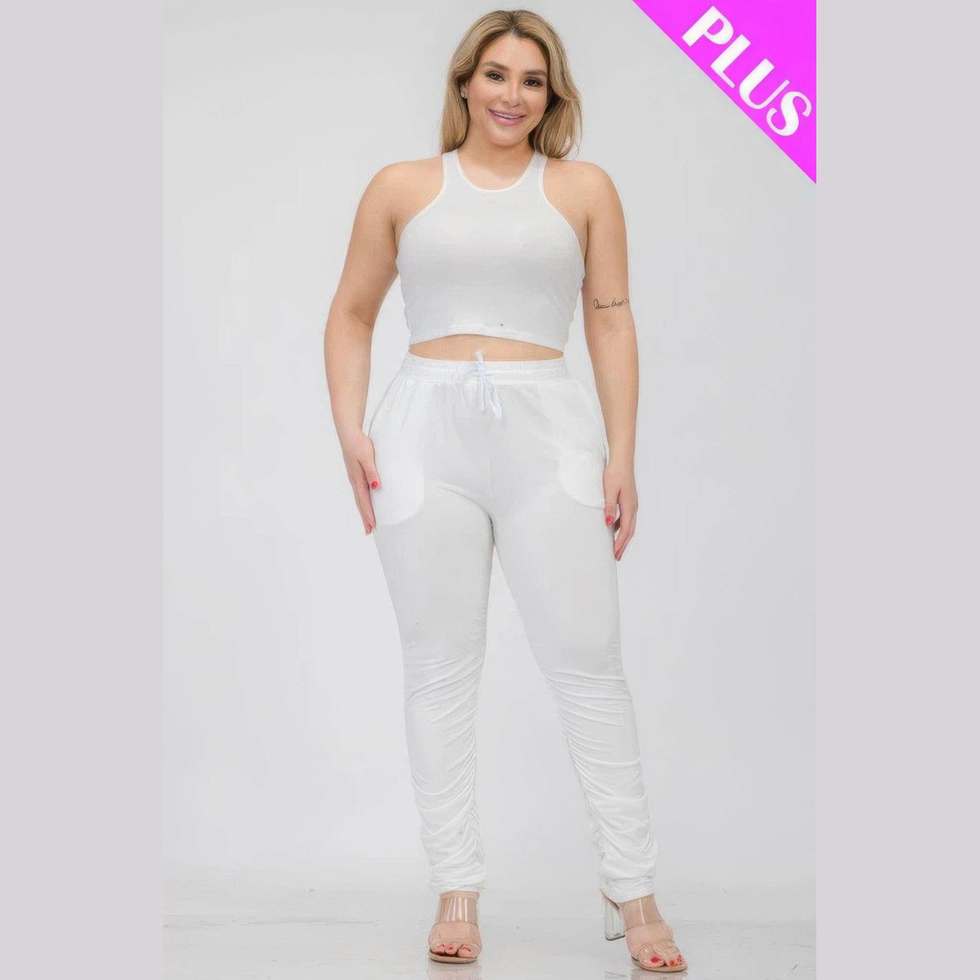 Plus Size Crop Tank Top & Ruched Pants Set - VacationGrabs
