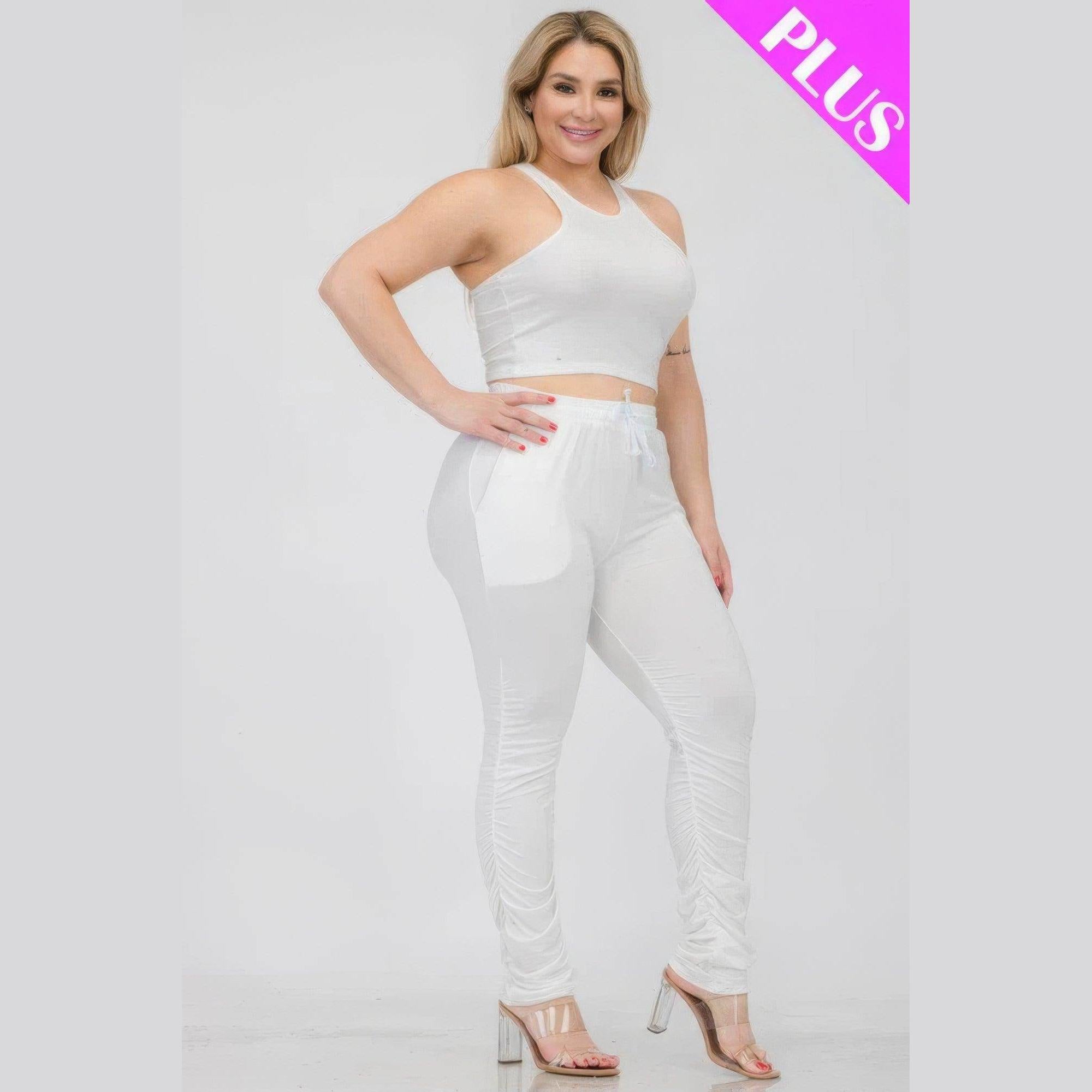 Plus Size Crop Tank Top & Ruched Pants Set - VacationGrabs