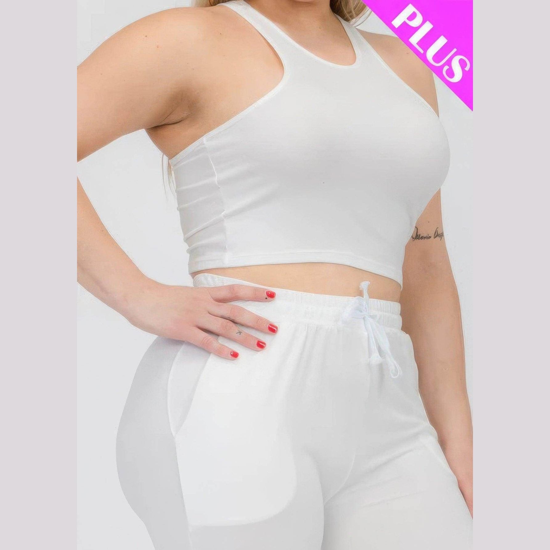 Plus Size Crop Tank Top & Ruched Pants Set - VacationGrabs