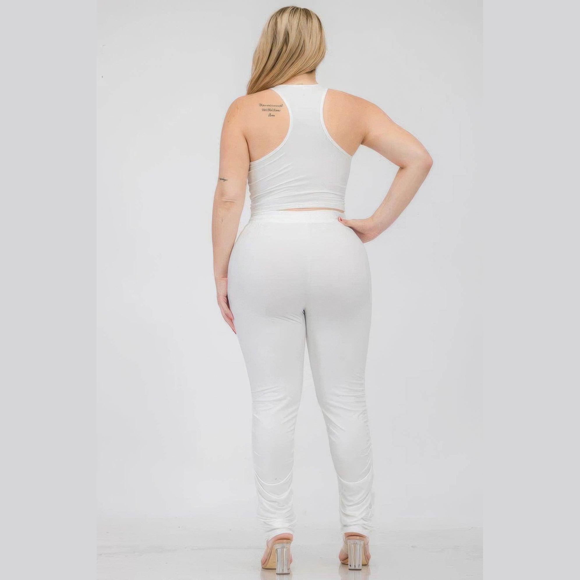Plus Size Crop Tank Top & Ruched Pants Set - VacationGrabs