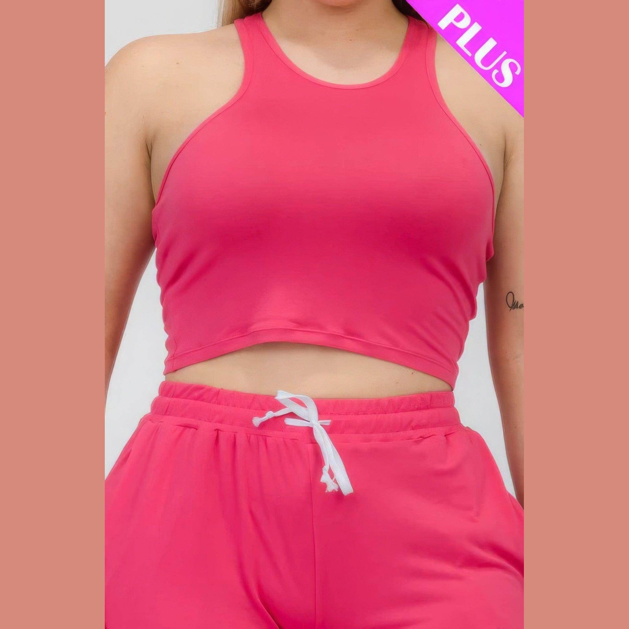 Plus Size Crop Tank Top & Ruched Pants Set - VacationGrabs