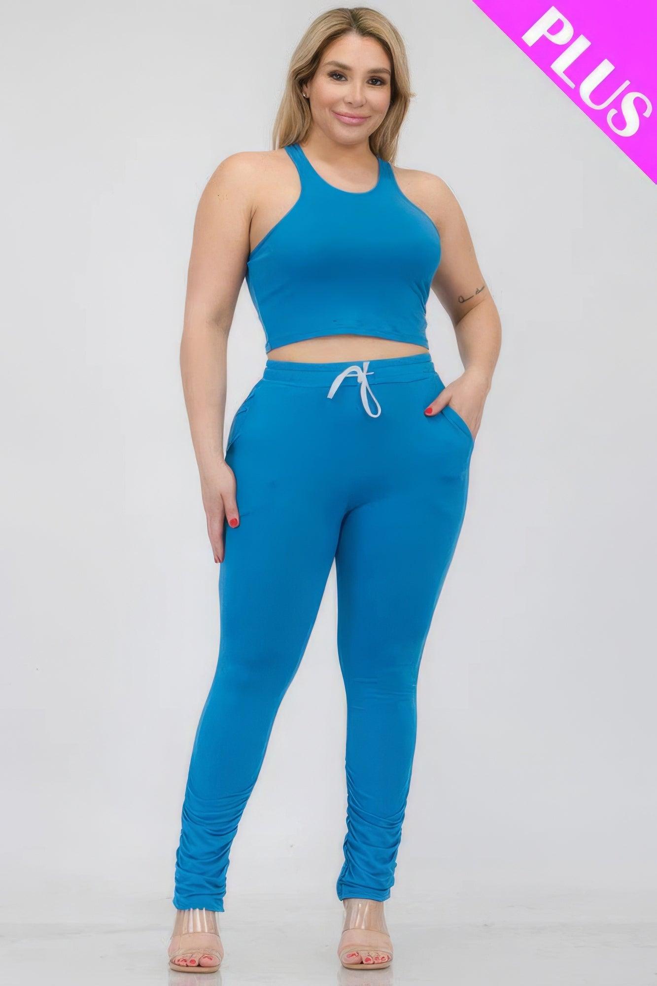 Women's Activewear Plus Size Crop Tank Top & Ruched Pants Set