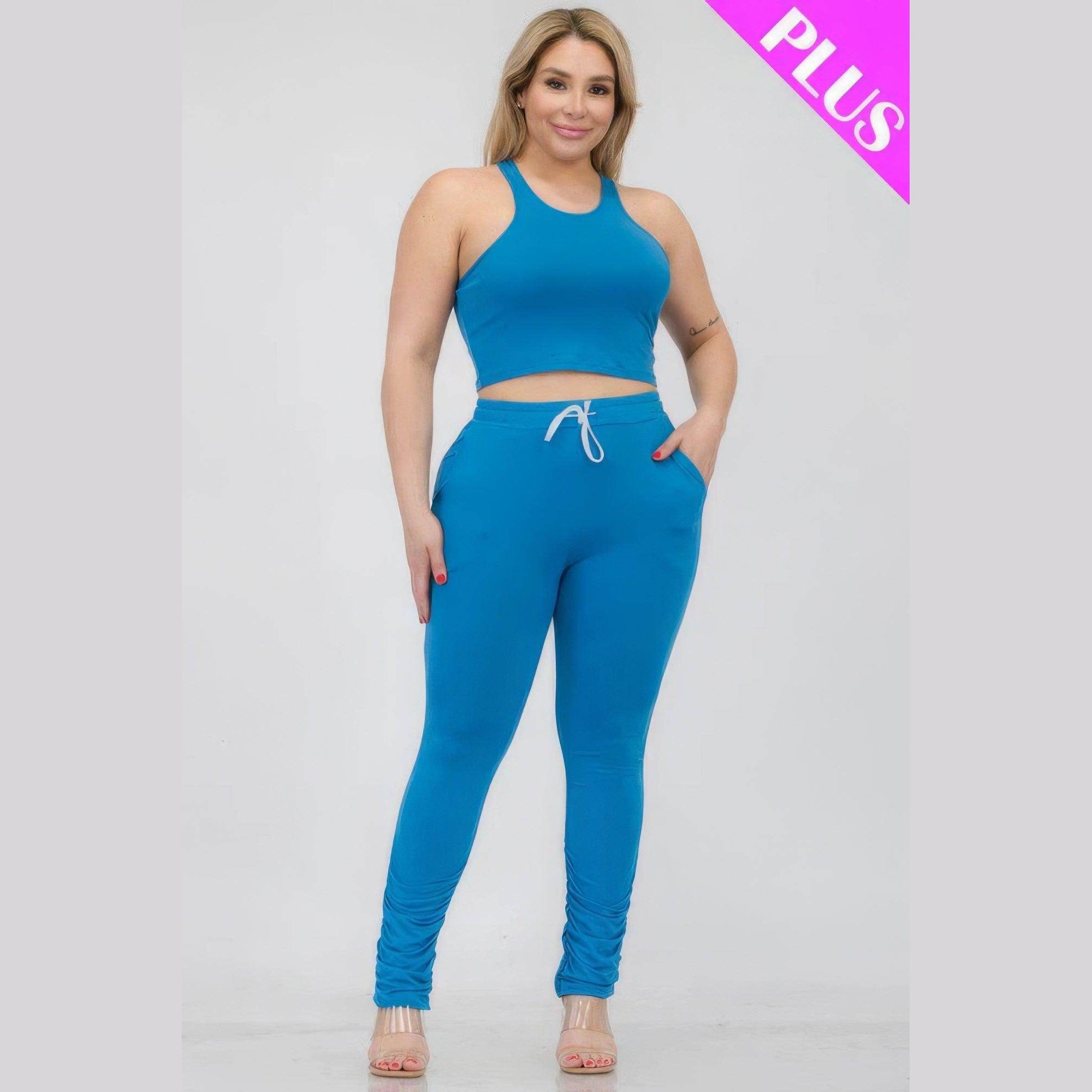 Plus Size Crop Tank Top & Ruched Pants Set - VacationGrabs