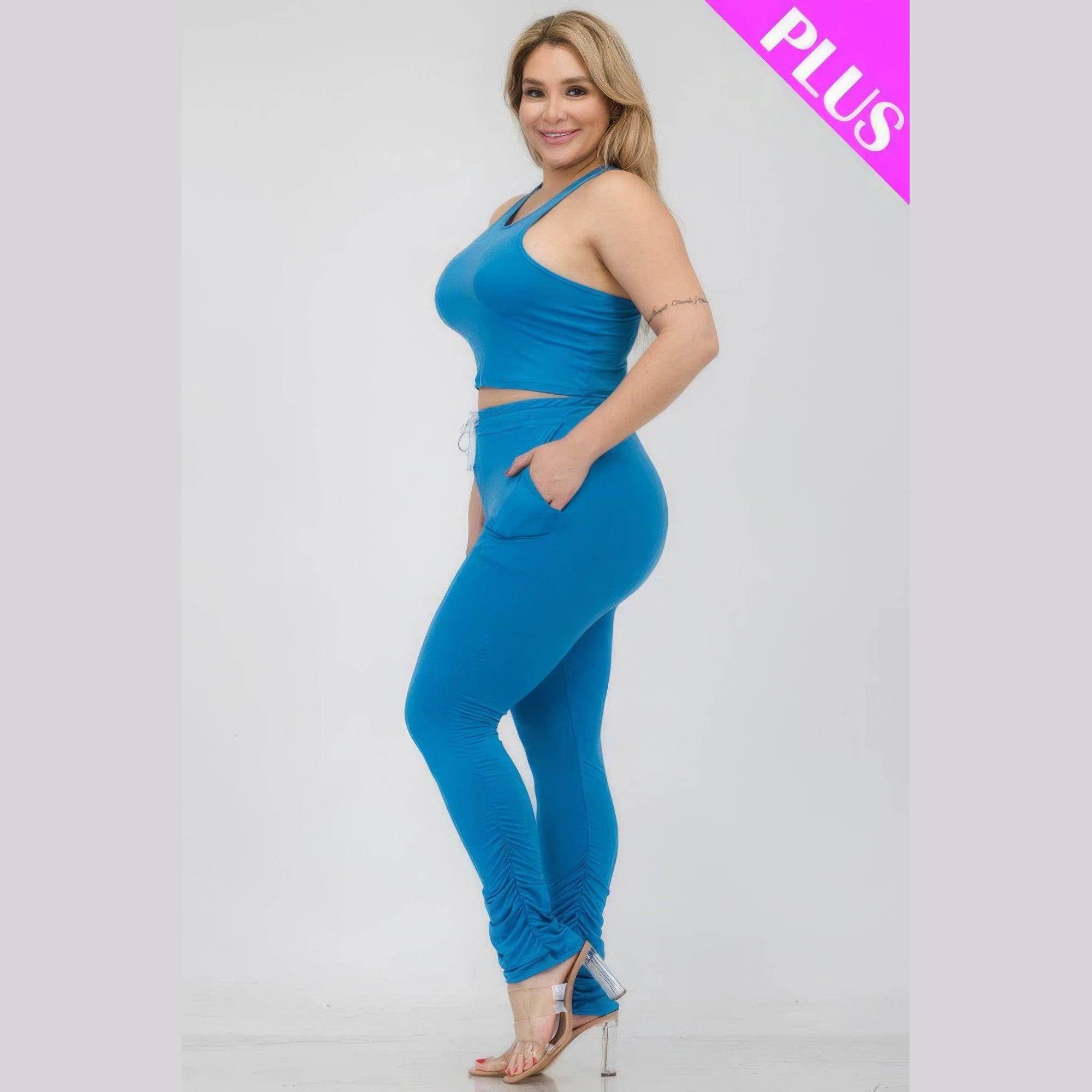 Plus Size Crop Tank Top & Ruched Pants Set - VacationGrabs